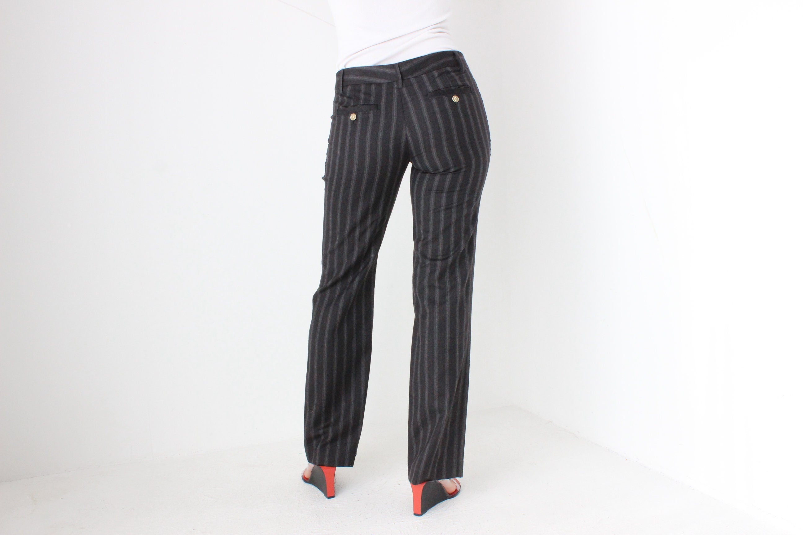 Vintage Y2K Dolce & Gabbana Pure Wool Charcoal Pinstripe Low Rise Bootcut Pants