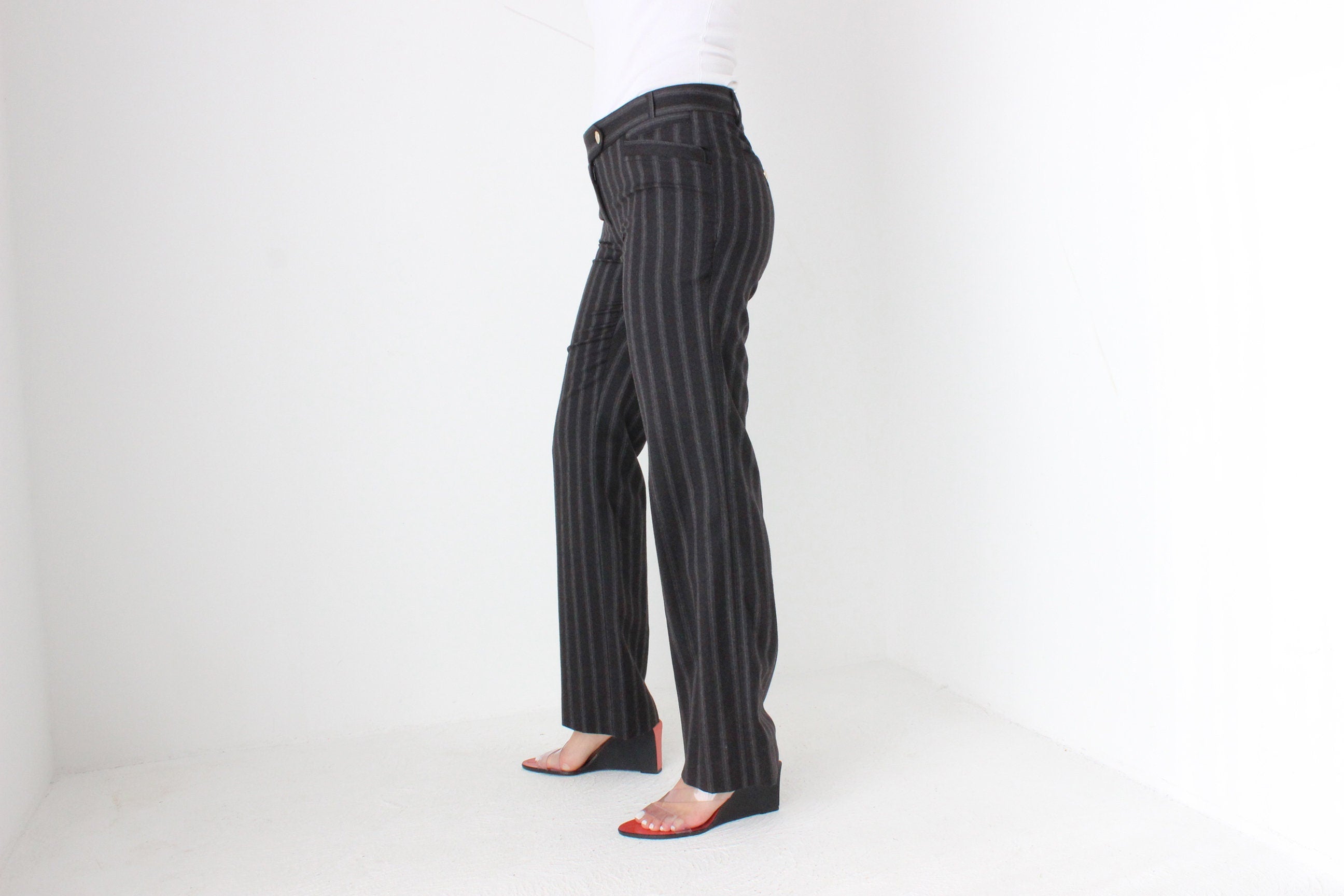 Vintage Y2K Dolce & Gabbana Pure Wool Charcoal Pinstripe Low Rise Bootcut Pants