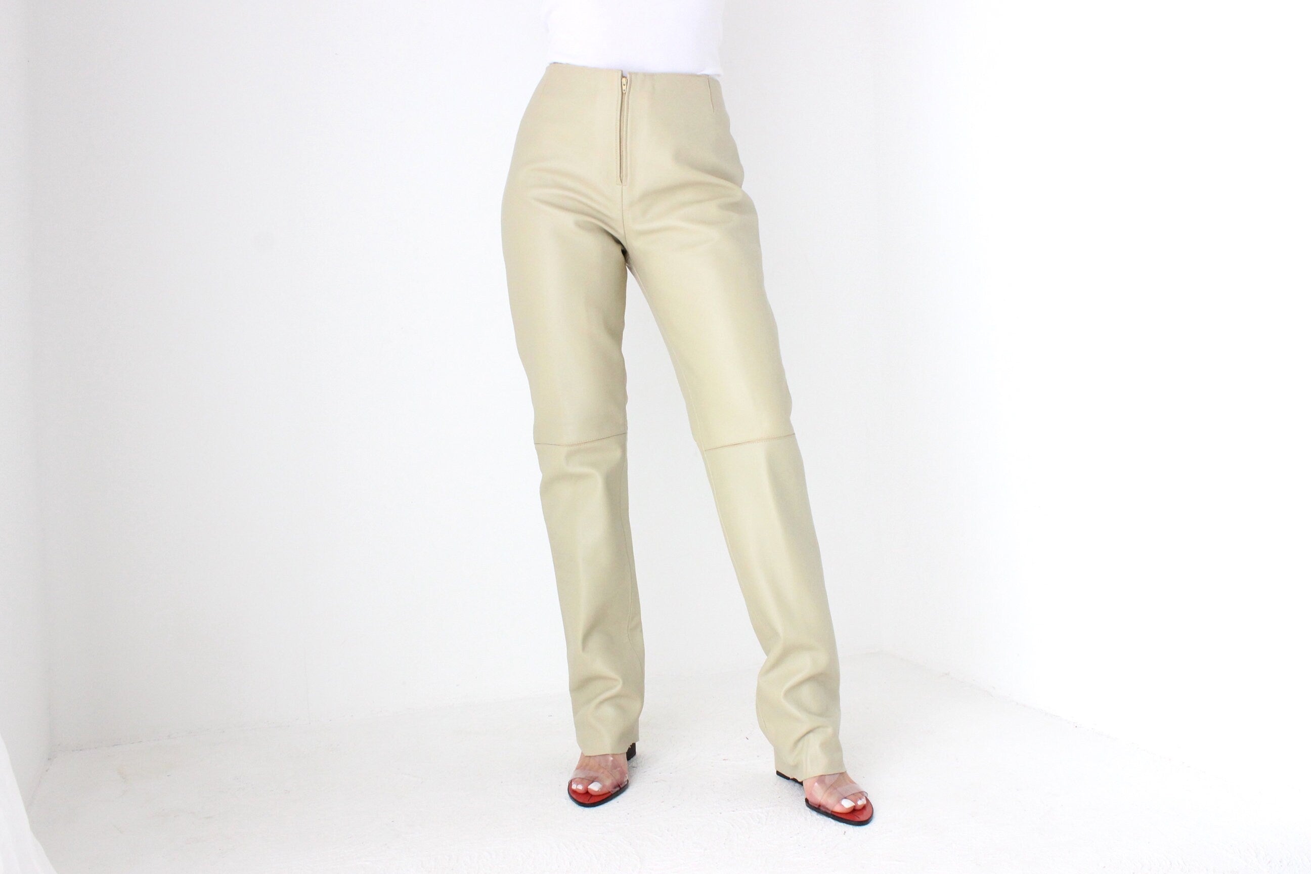 Y2K Neutral Beige Vinyl High Waist Bootcut Pants