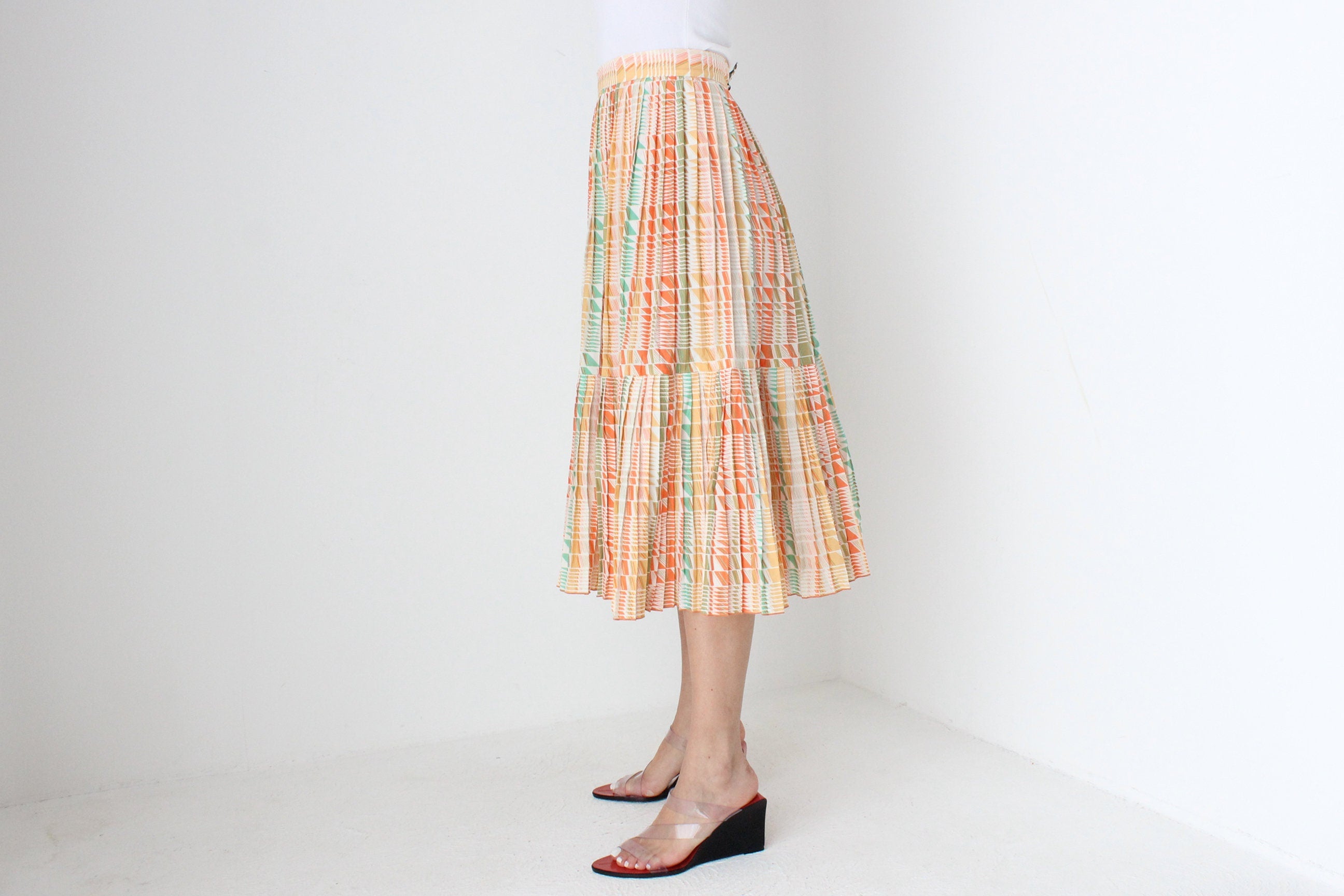 80s Pastel Checked Print Pleated High Waist Skirt