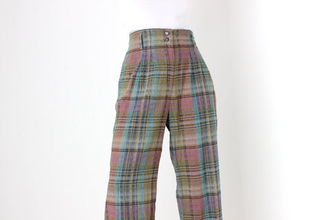 80s Woven Italian Linen Tartan High Waist Relaxed Trousers