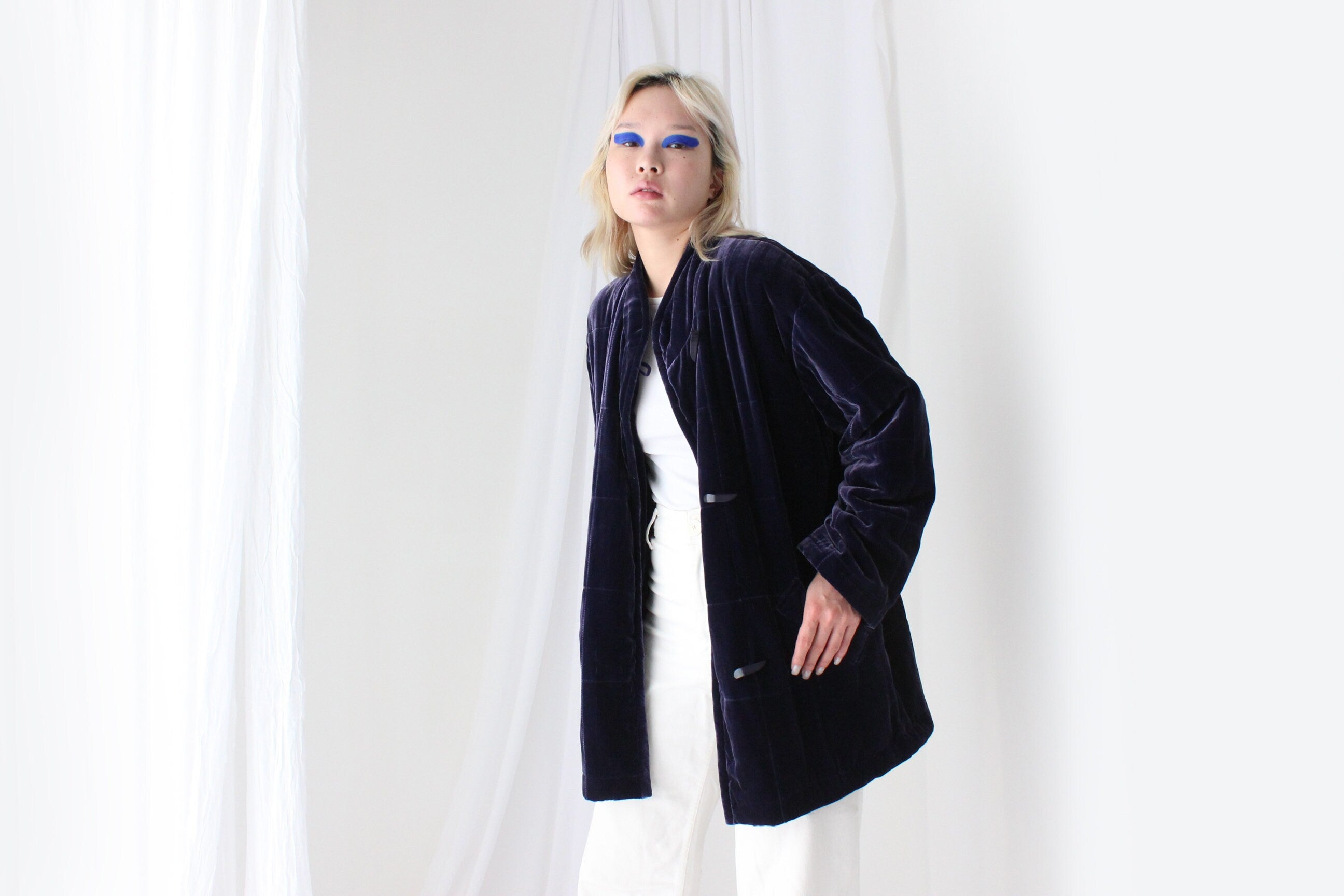 80s PURE SILK VELVET Quilted Puffer Coat in Purple