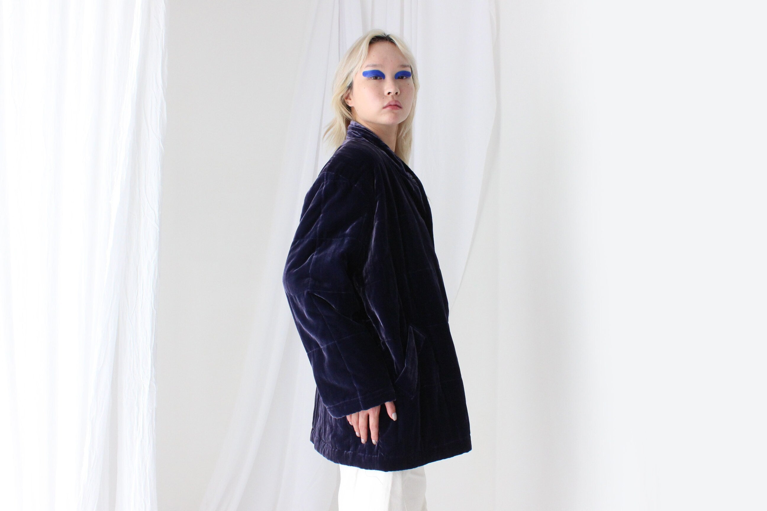 80s PURE SILK VELVET Quilted Puffer Coat in Purple