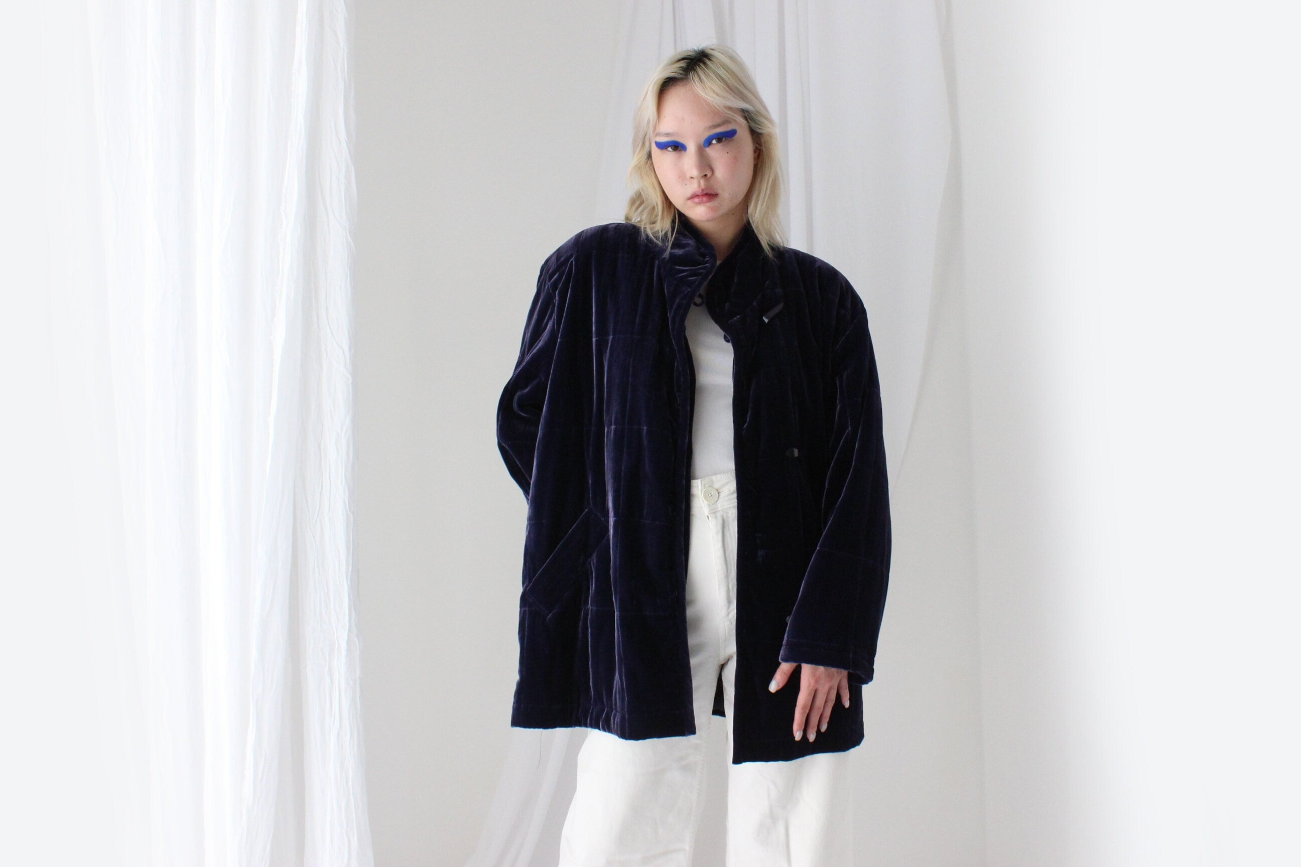 80s PURE SILK VELVET Quilted Puffer Coat in Purple