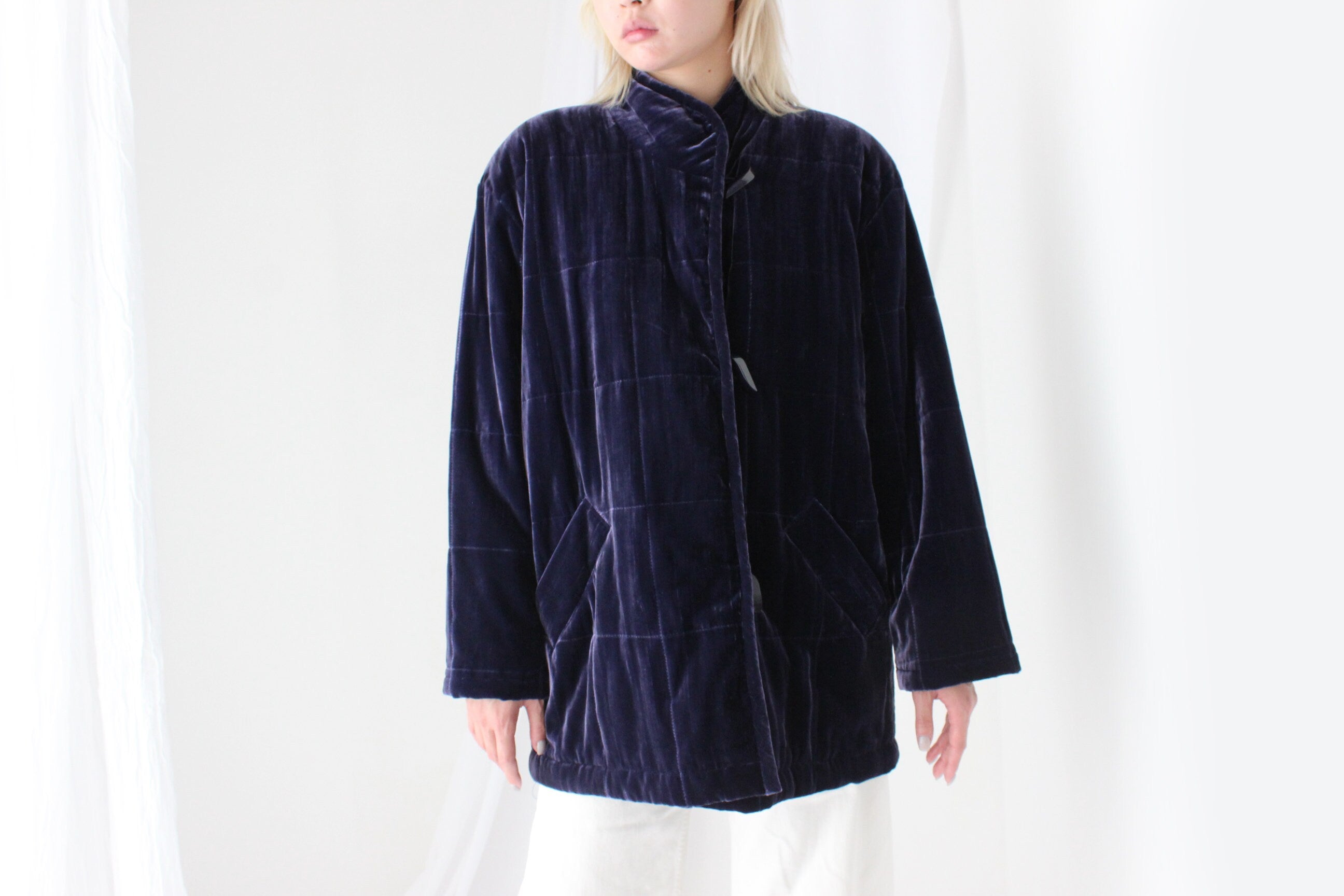 80s PURE SILK VELVET Quilted Puffer Coat in Purple