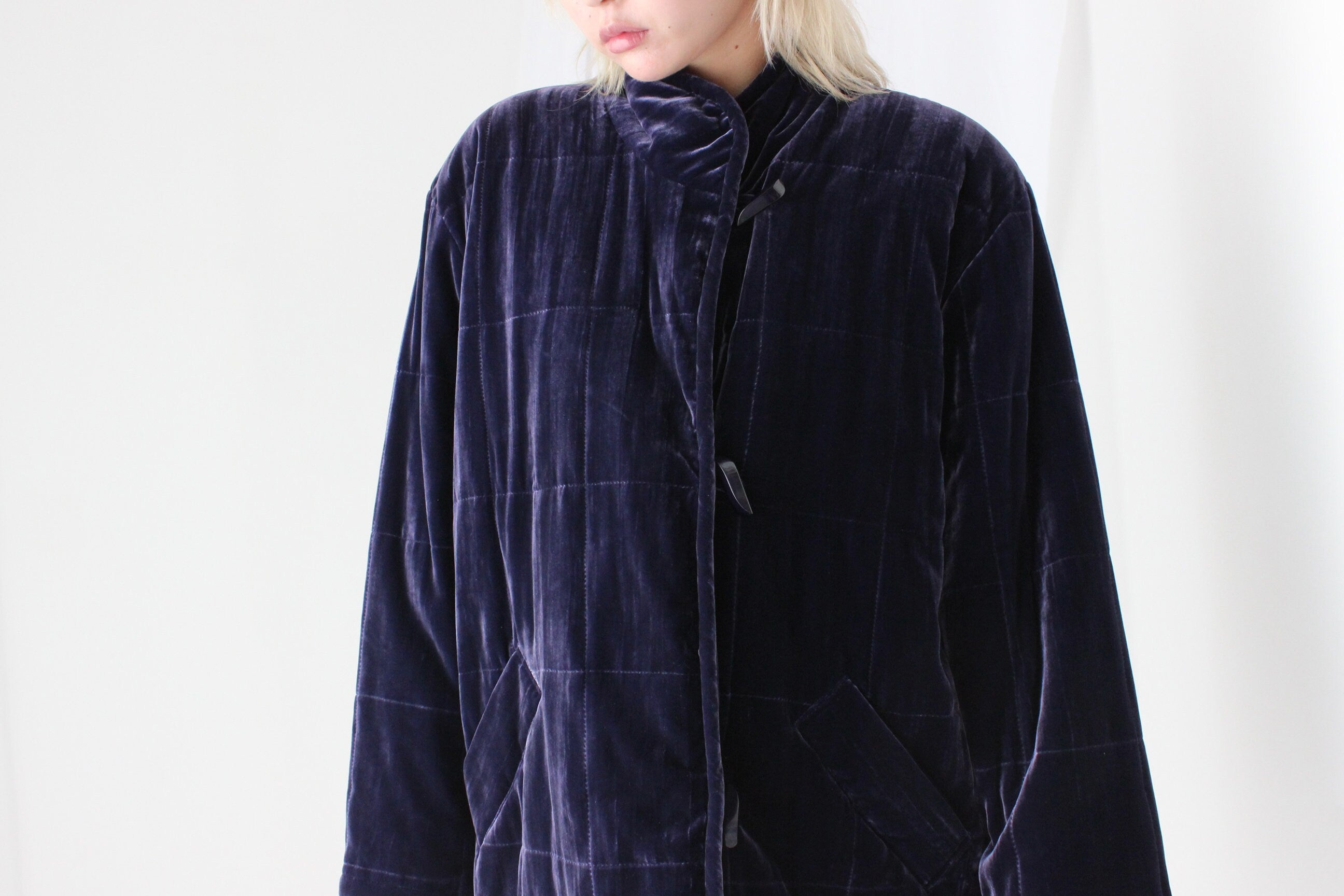 80s PURE SILK VELVET Quilted Puffer Coat in Purple