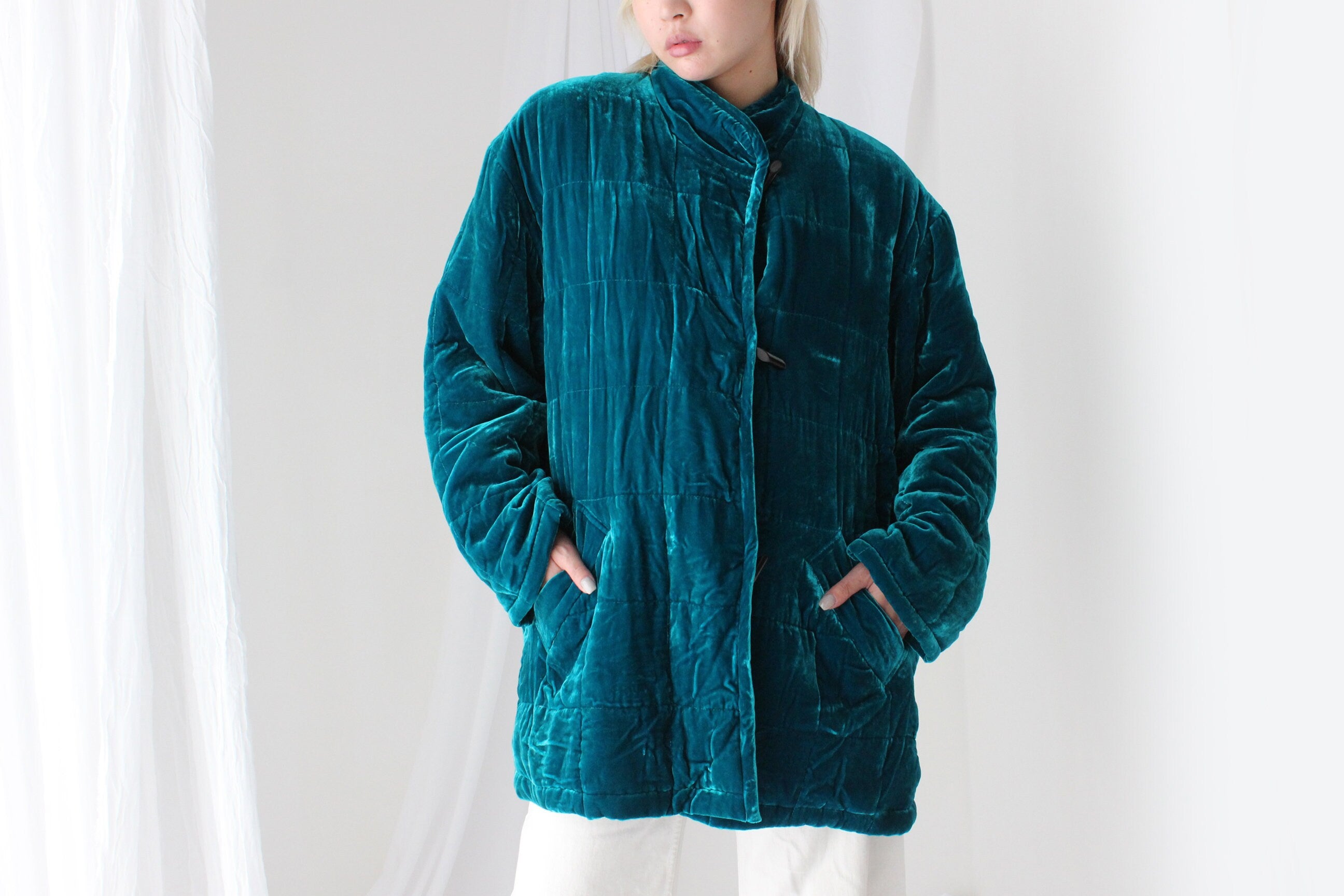 80s PURE SILK VELVET Quilted Puffer Coat in Teal