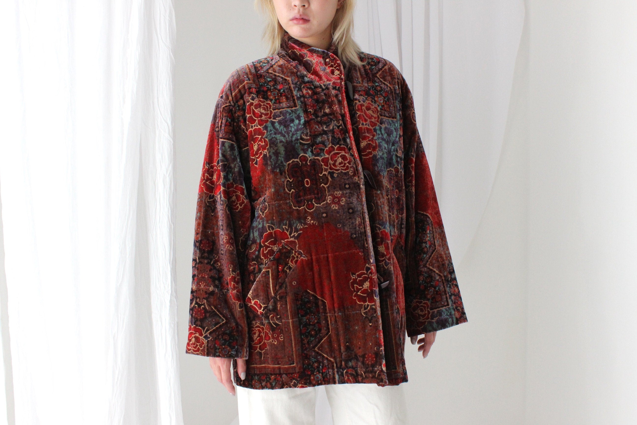 80s PURE SILK VELVET Quilted Puffer Coat in Ornate Persian