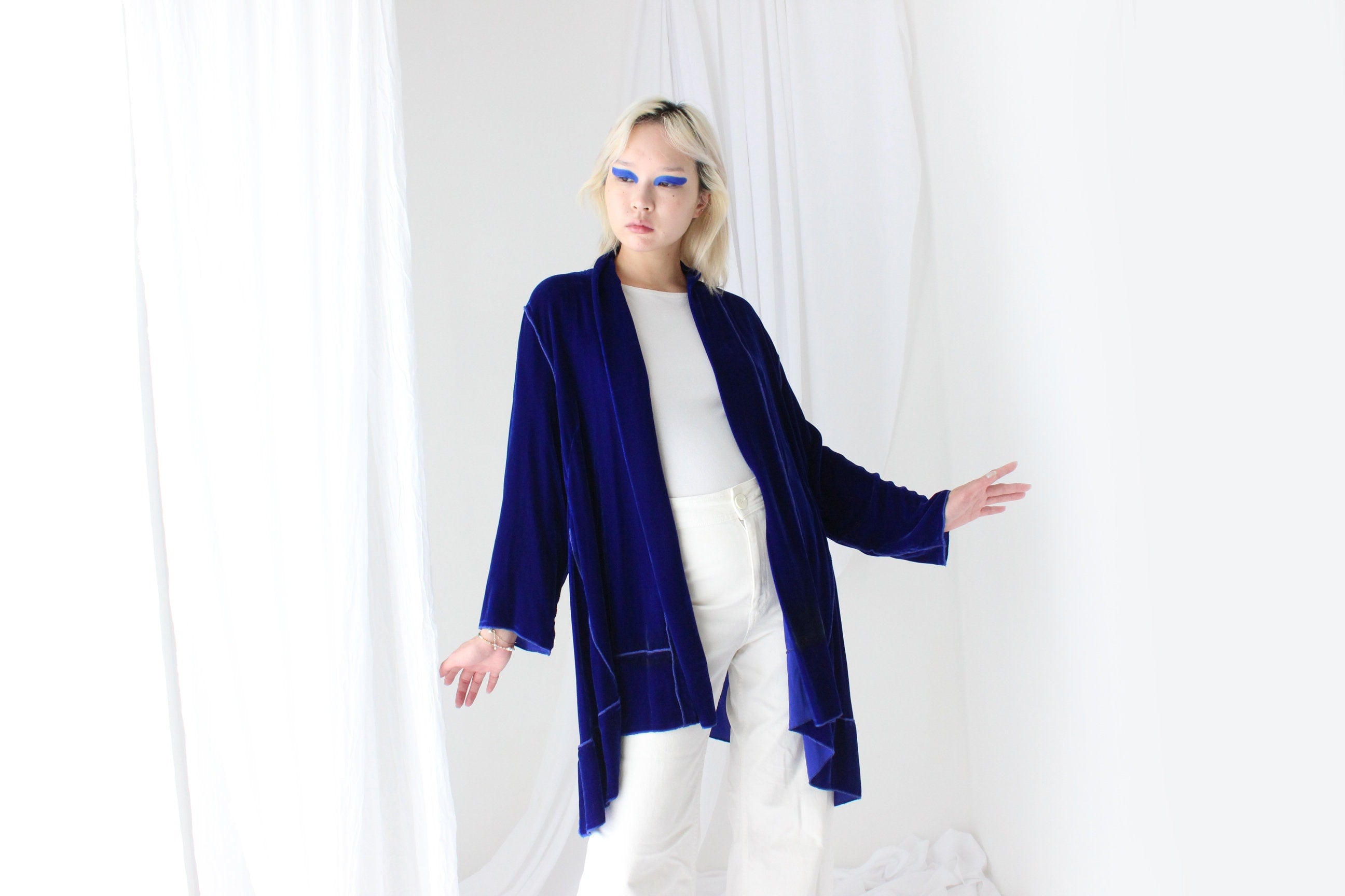 Luxury 90s PURE SILK VELVET Cobalt Kimono Robe Jacket