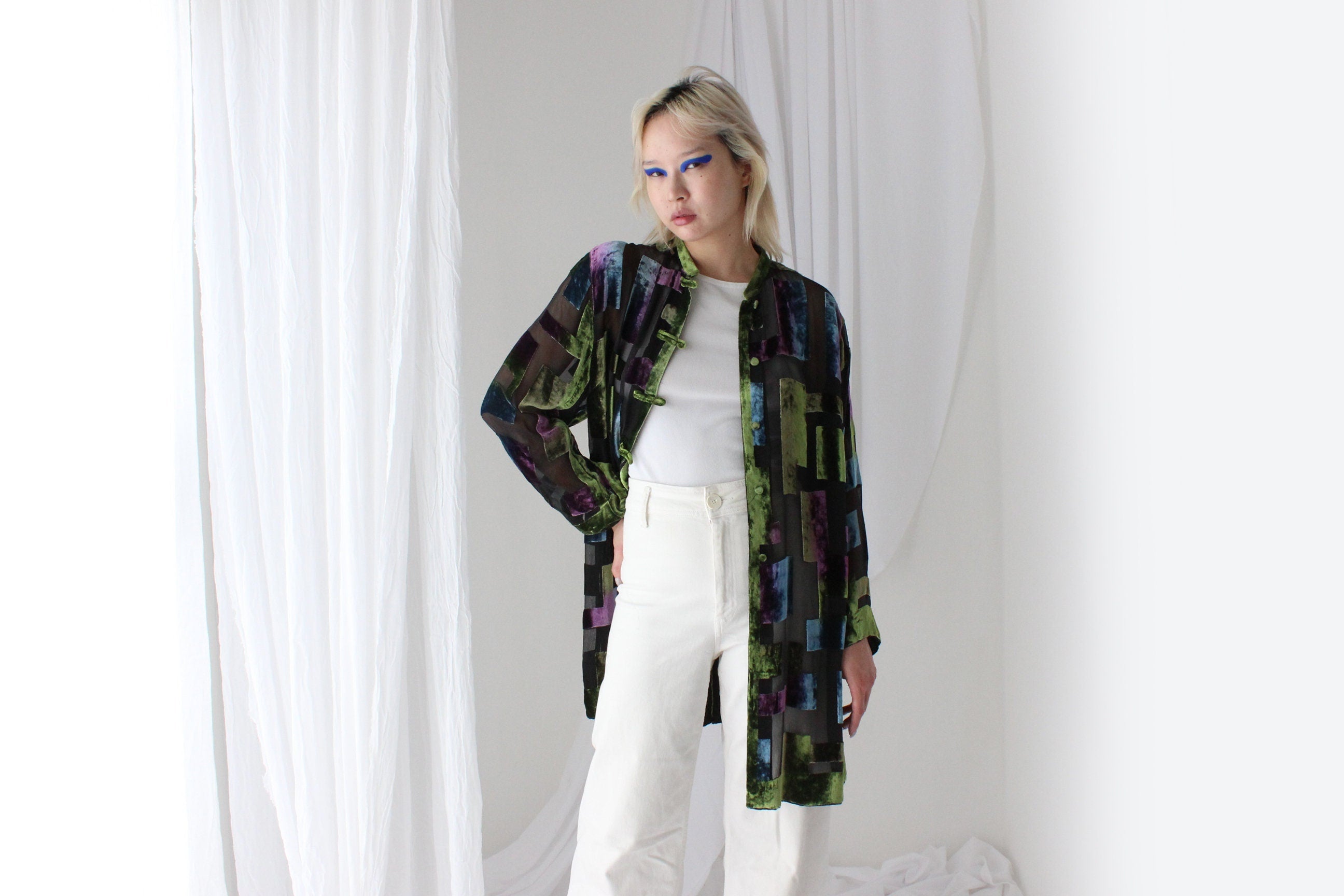 90s Luxury Silk Velvet Sheer Geometric Burnout Duster