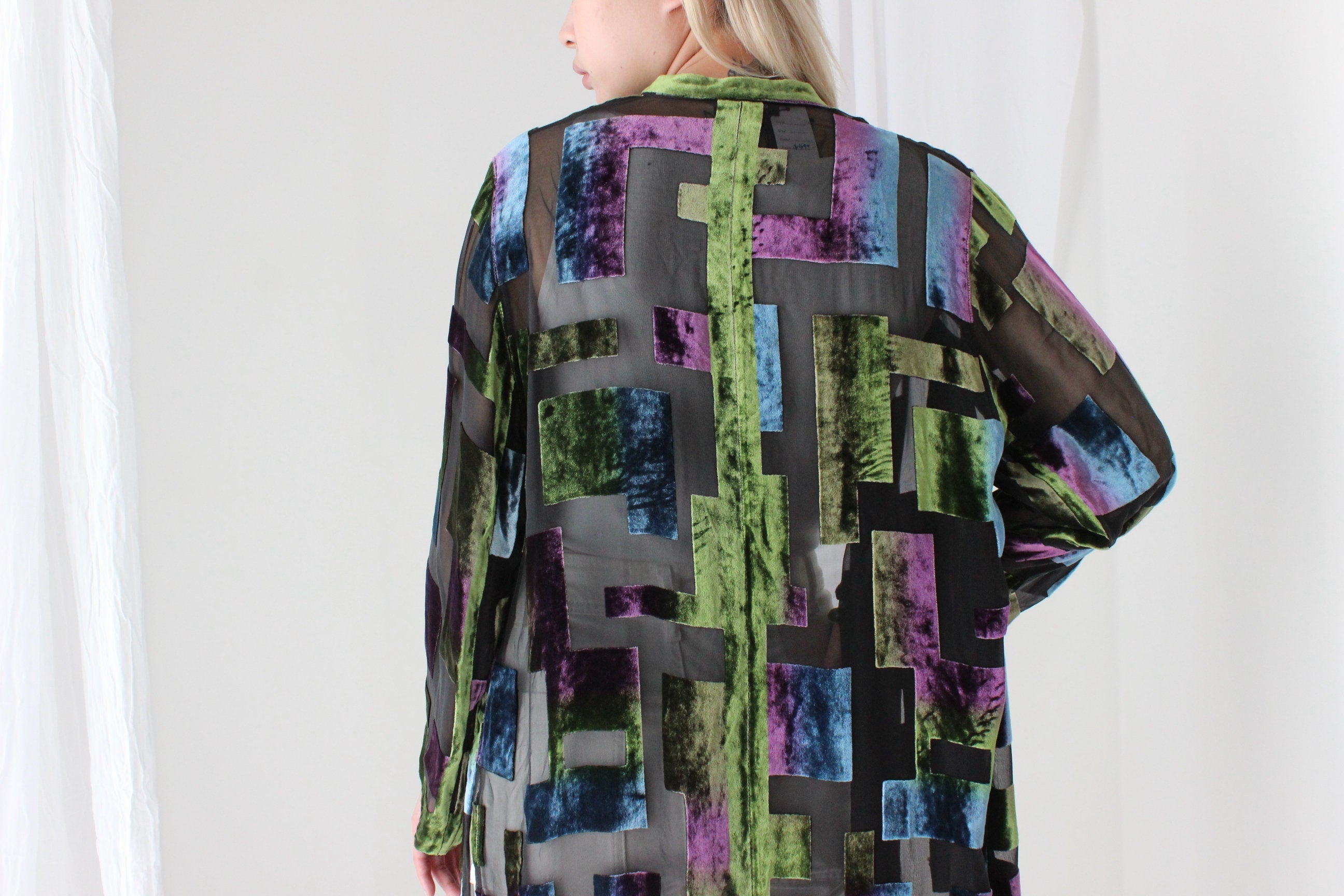 90s Luxury Silk Velvet Sheer Geometric Burnout Duster