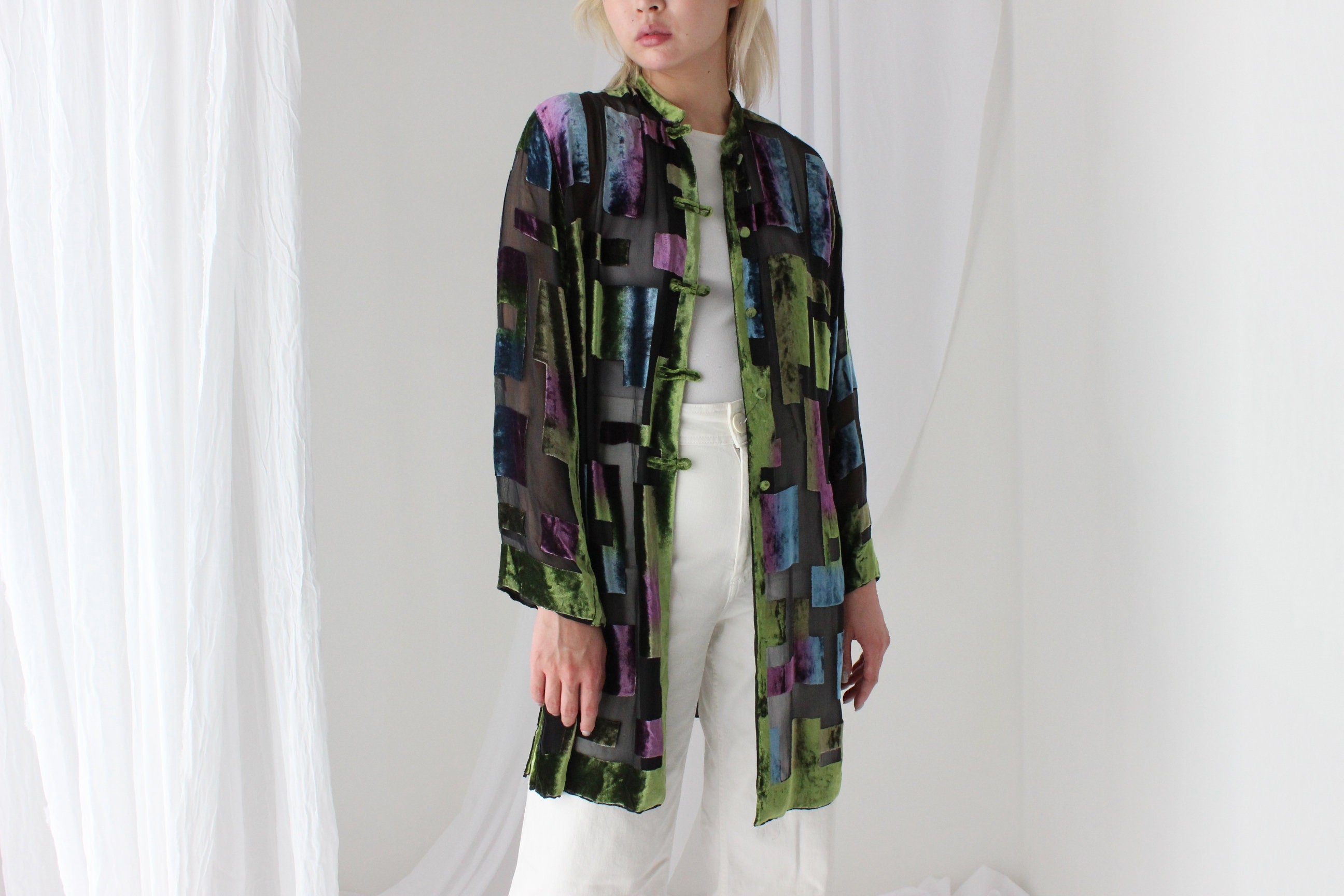 90s Luxury Silk Velvet Sheer Geometric Burnout Duster