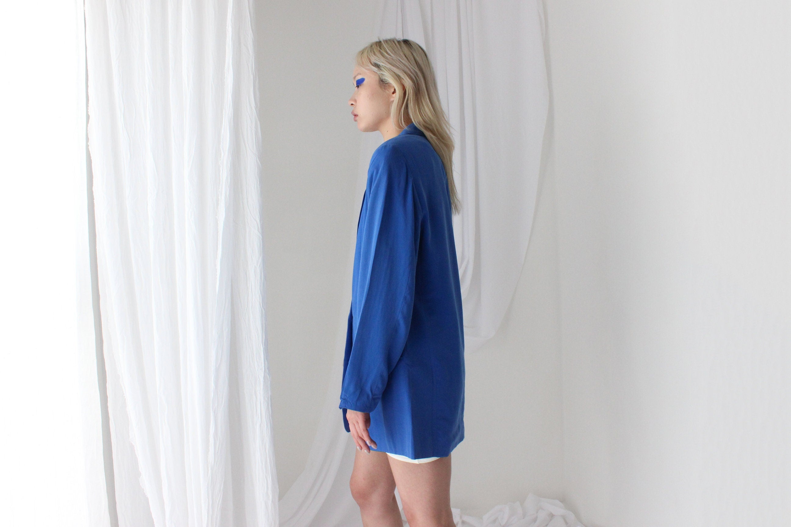 80s Pure Silk Cobalt Blue Boxy Suit Blazer / Mini