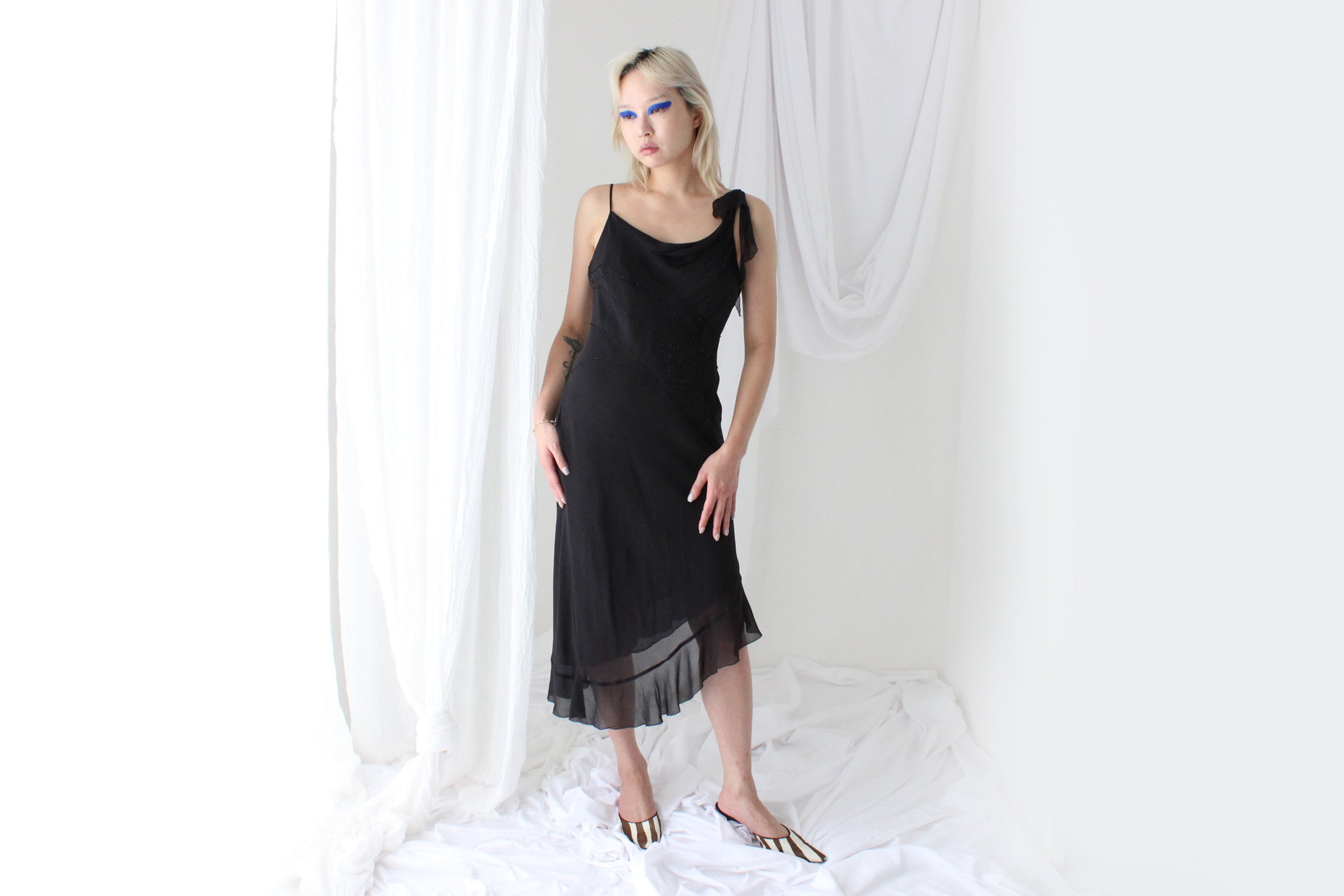 Y2K PURE SILK Black Beaded Chiffon Asymmetric Cocktail Dress