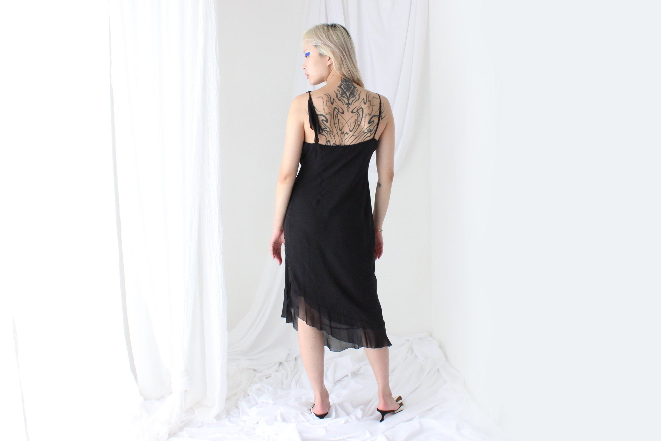 Y2K PURE SILK Black Beaded Chiffon Asymmetric Cocktail Dress