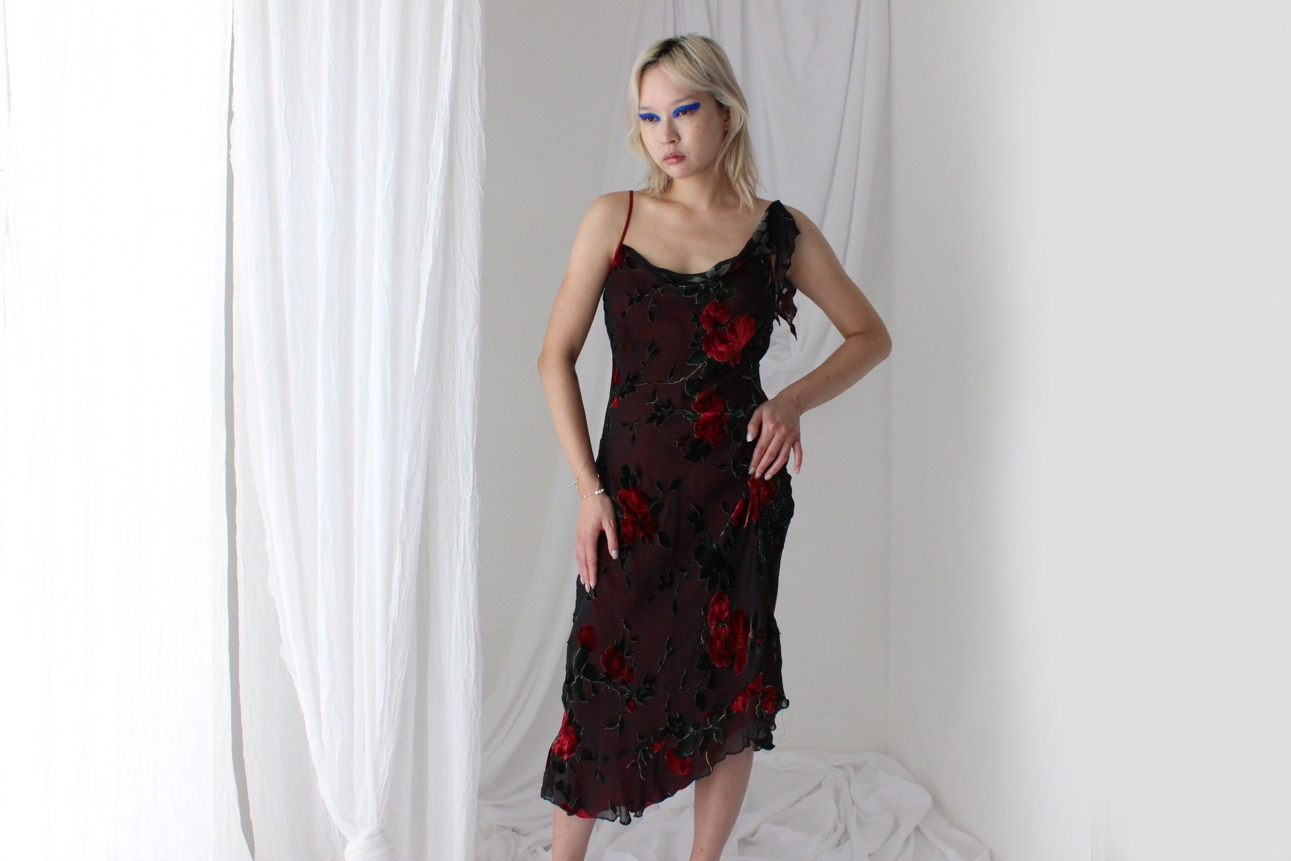 Y2K PURE SILK Rose Gothic Velvet Burnout Asymmetric Cocktail Dress