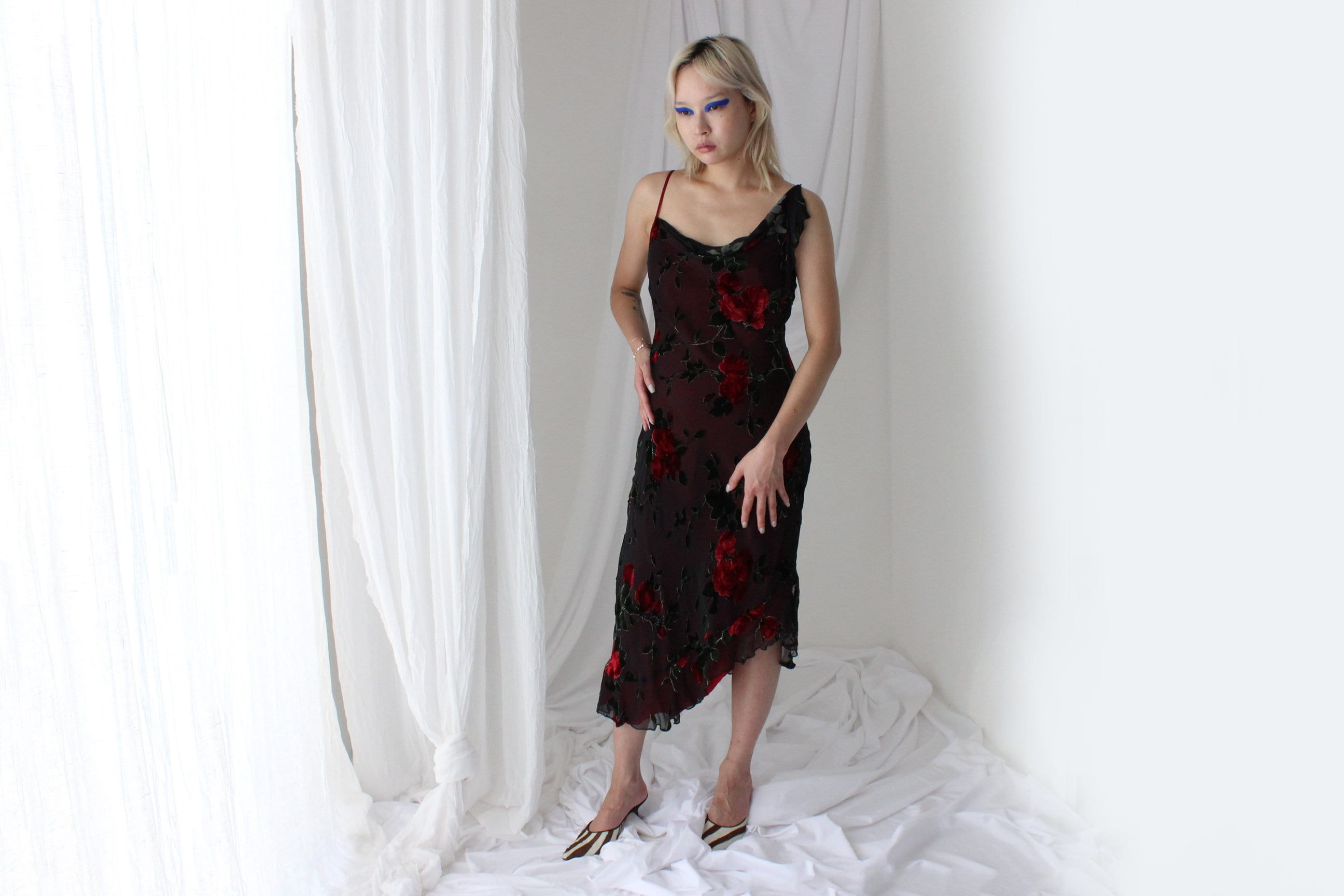 Y2K PURE SILK Rose Gothic Velvet Burnout Asymmetric Cocktail Dress