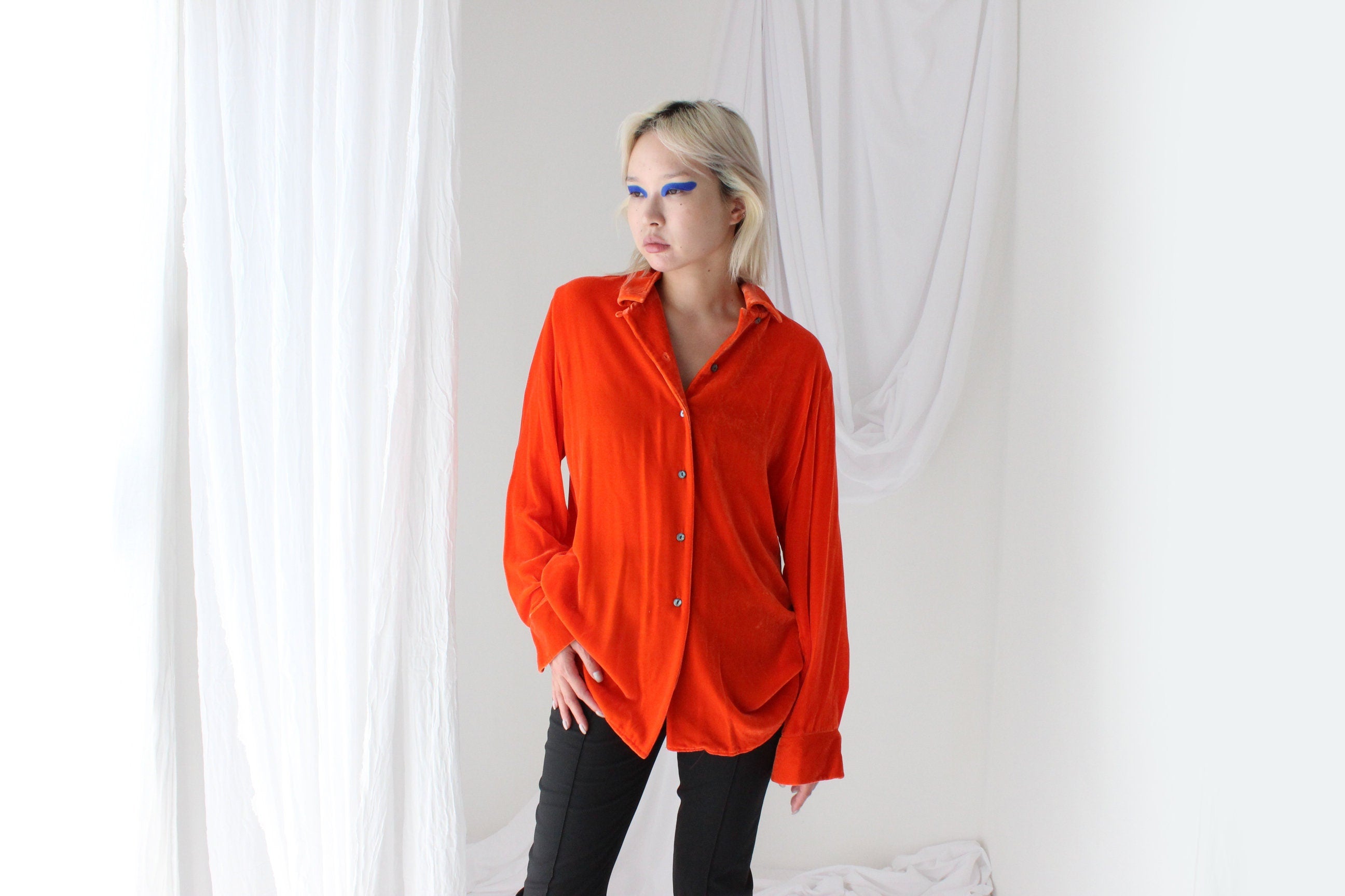 90s Acid Orange PURE SILK VELVET Shirt