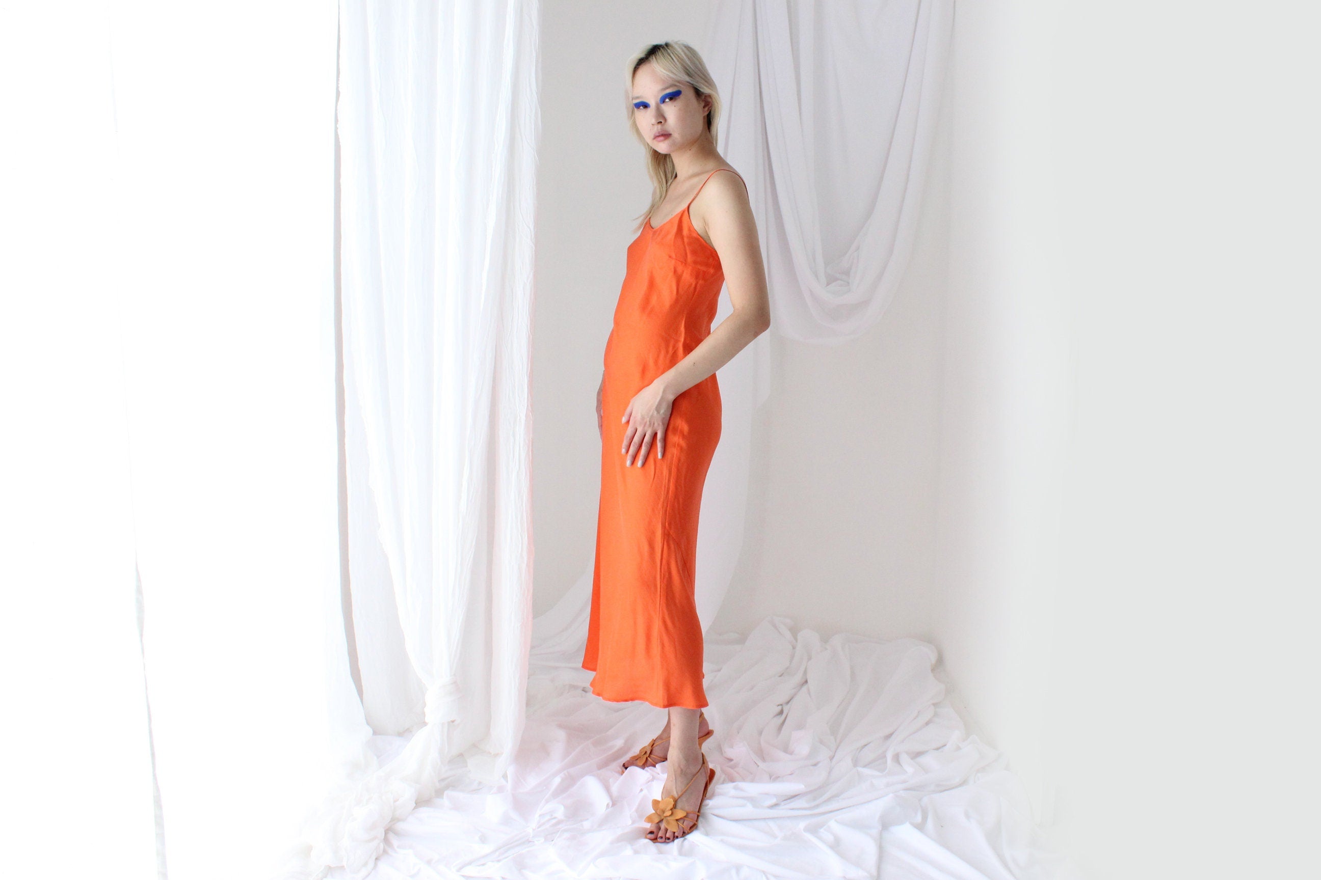 90s Pure Silk Bias Cut Slip Dress in Tangerine