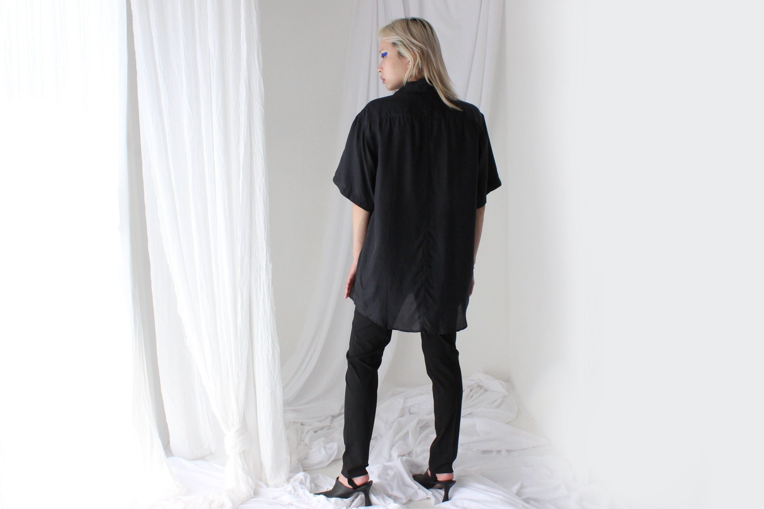 80s PURE SILK Ink Black Boxy Oversized Shirt