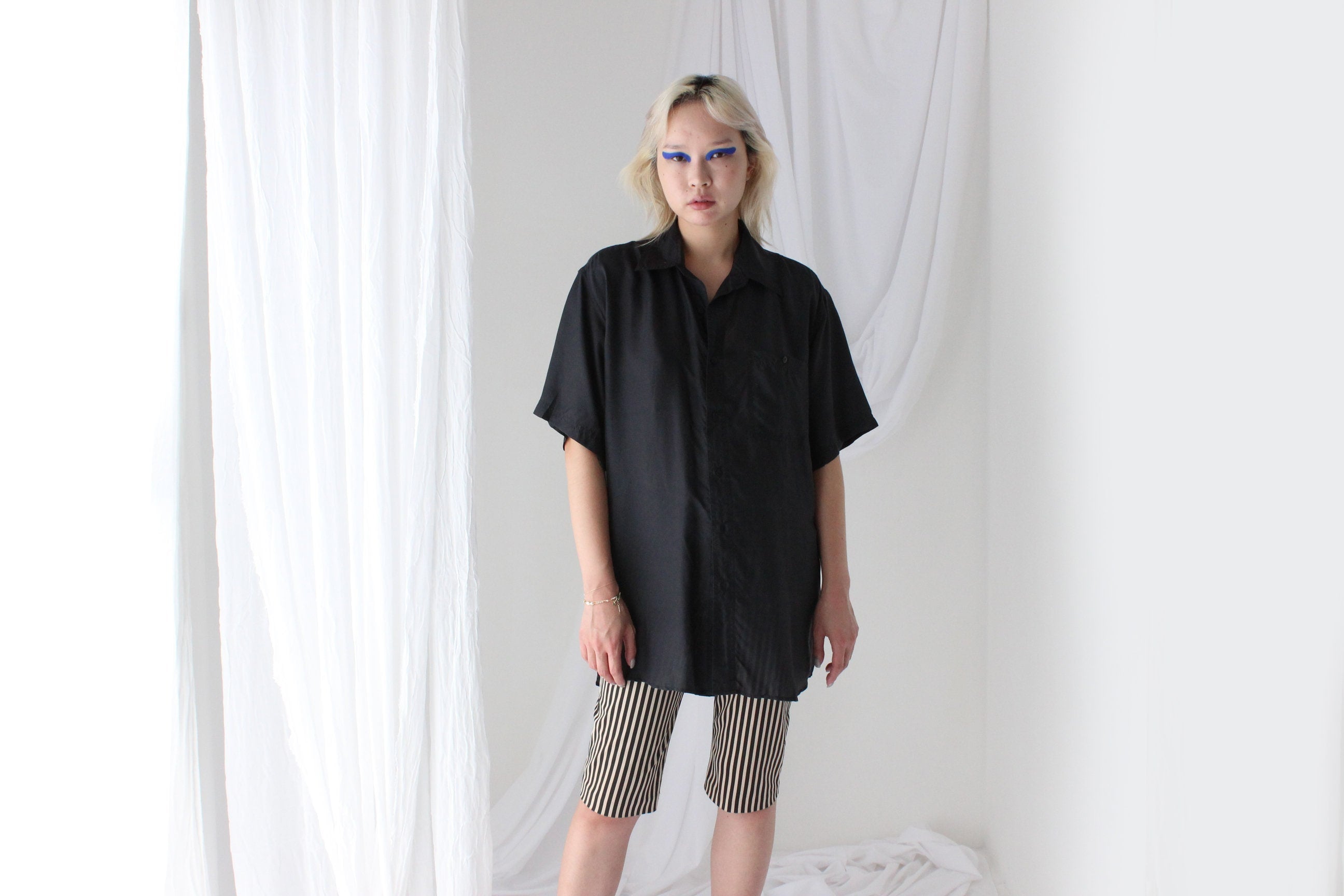 80s PURE SILK Ink Black Boxy Oversized Shirt