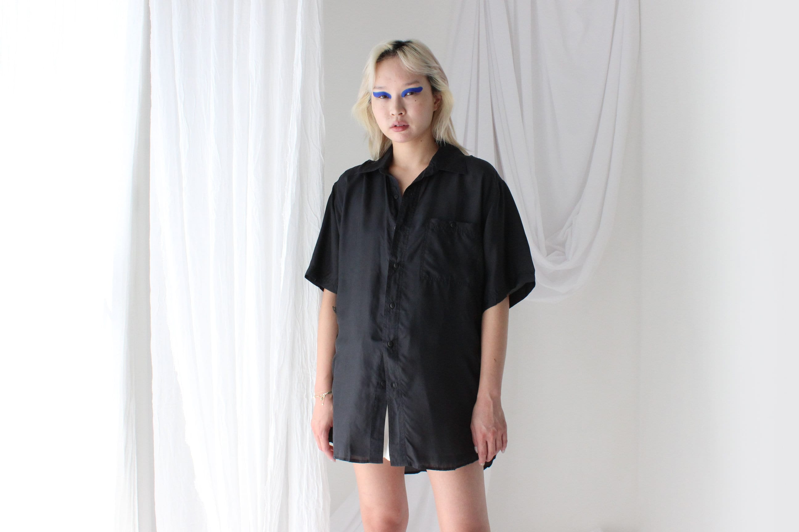 80s PURE SILK Ink Black Boxy Oversized Shirt