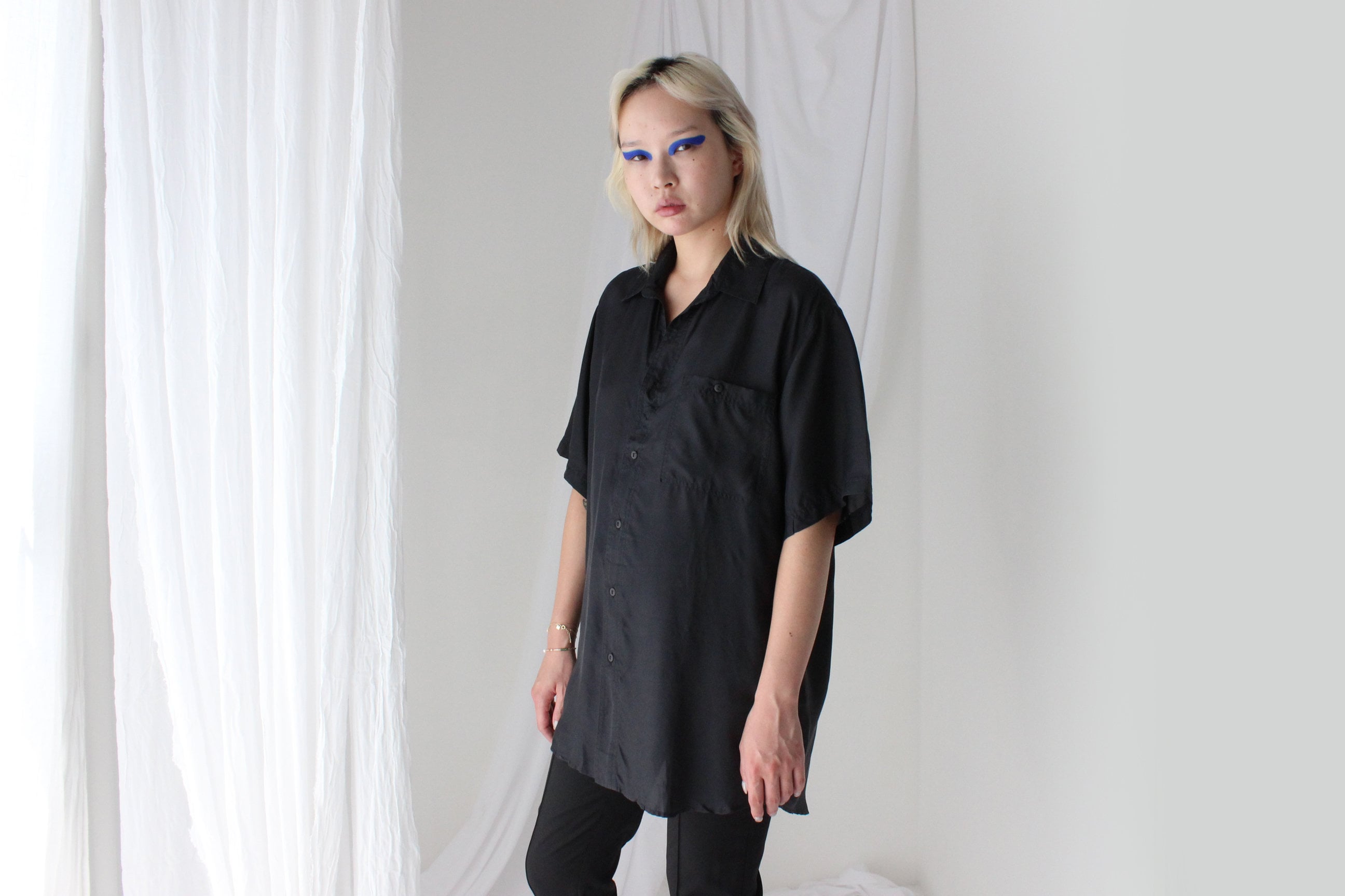 80s PURE SILK Ink Black Boxy Oversized Shirt