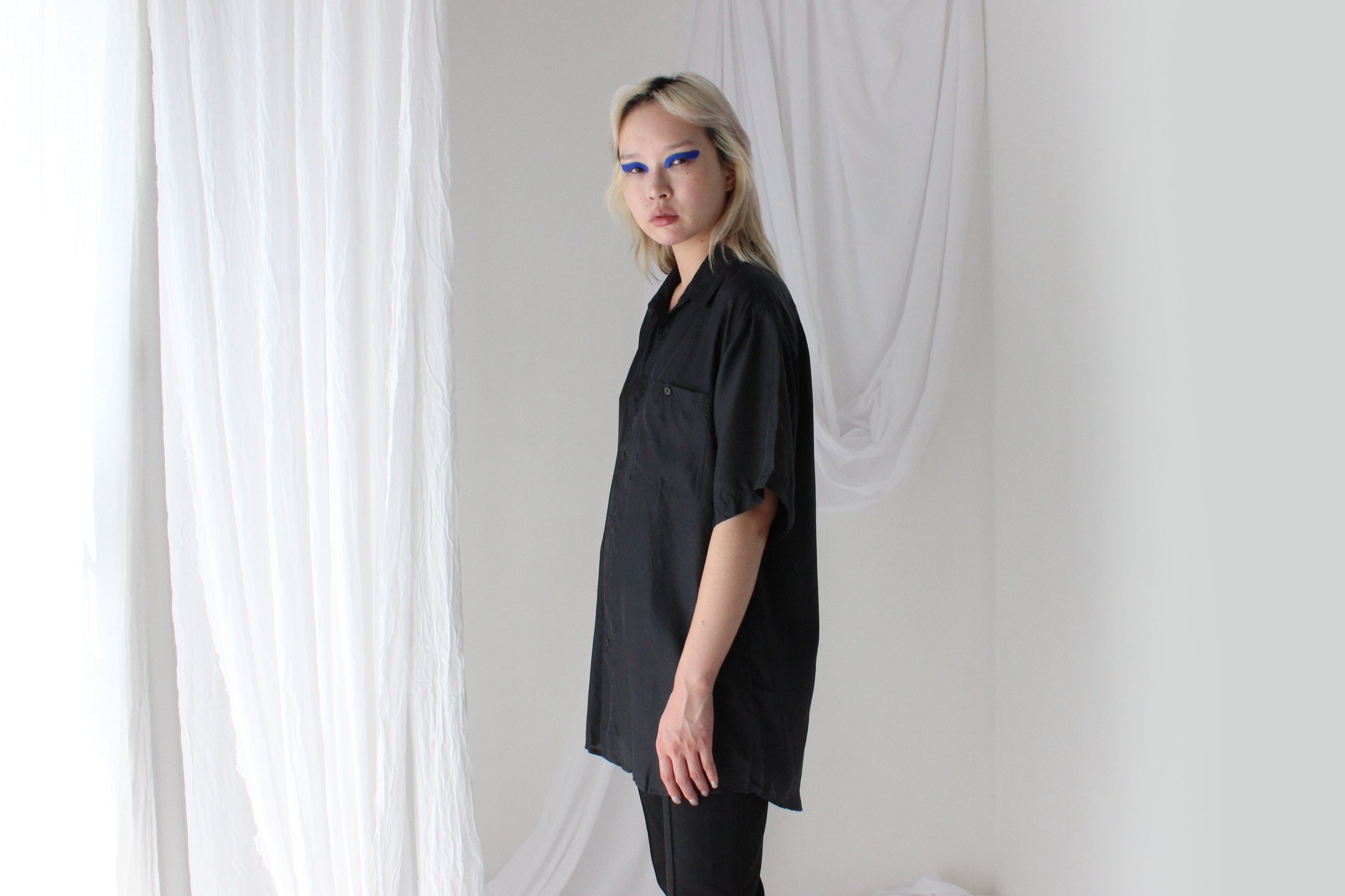 80s PURE SILK Ink Black Boxy Oversized Shirt