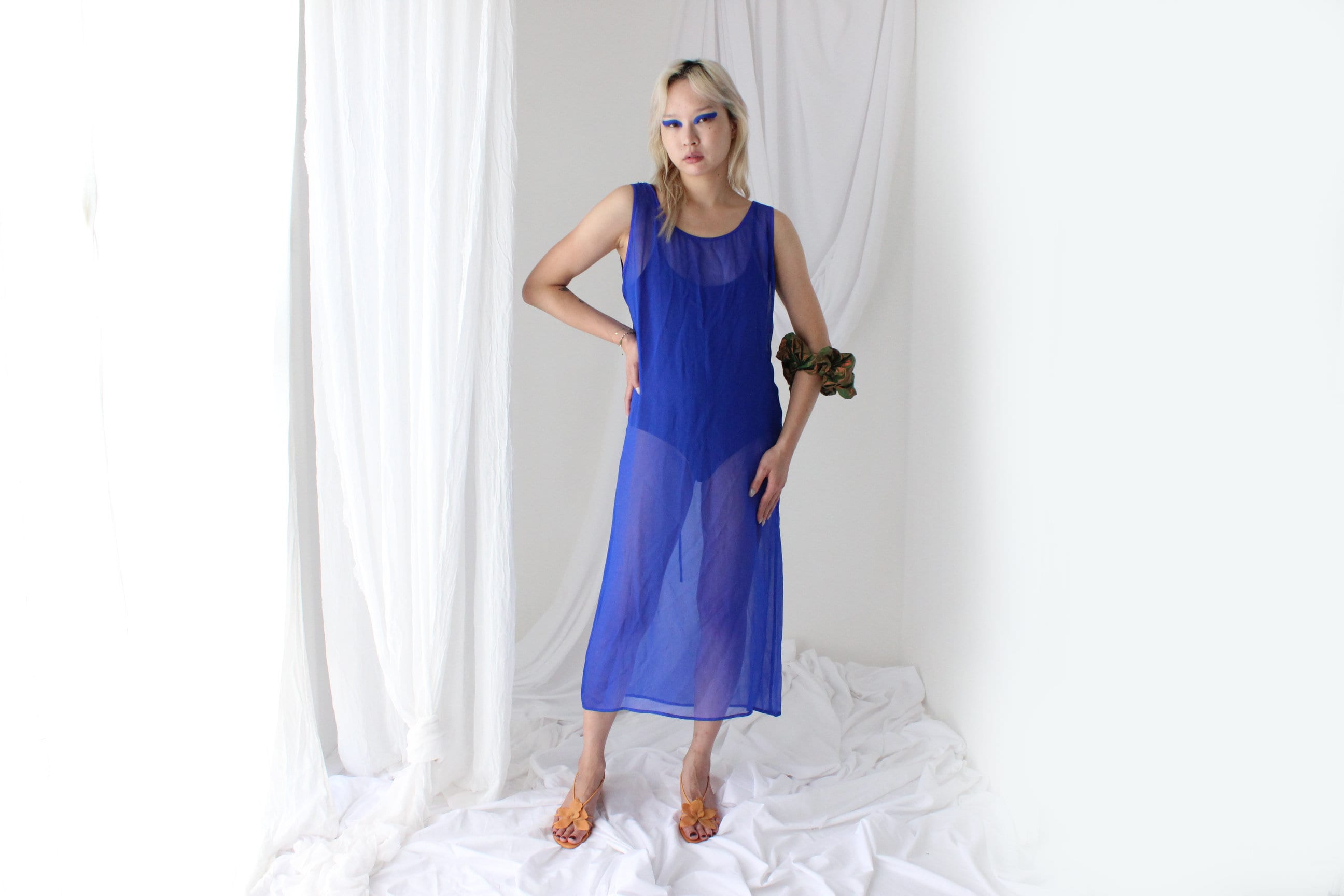 90s PURE SILK Sheer Yves Klein Cobalt Blue Sheath Dress