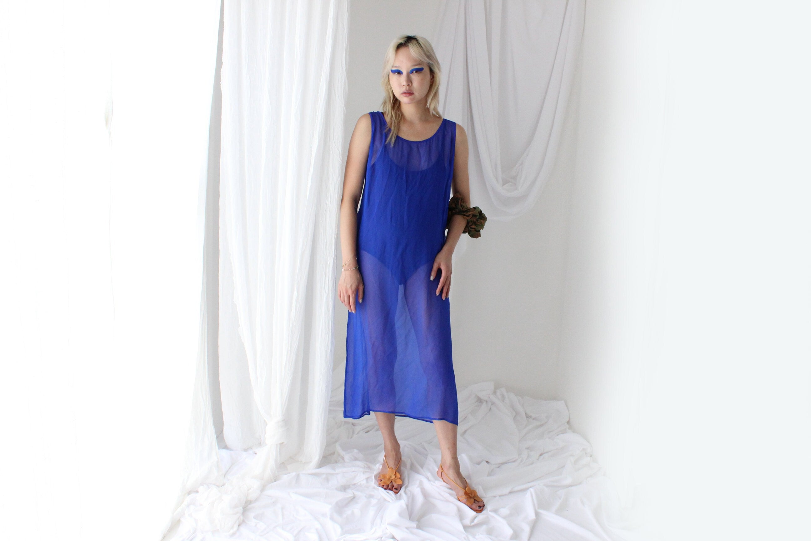 90s PURE SILK Sheer Yves Klein Cobalt Blue Sheath Dress