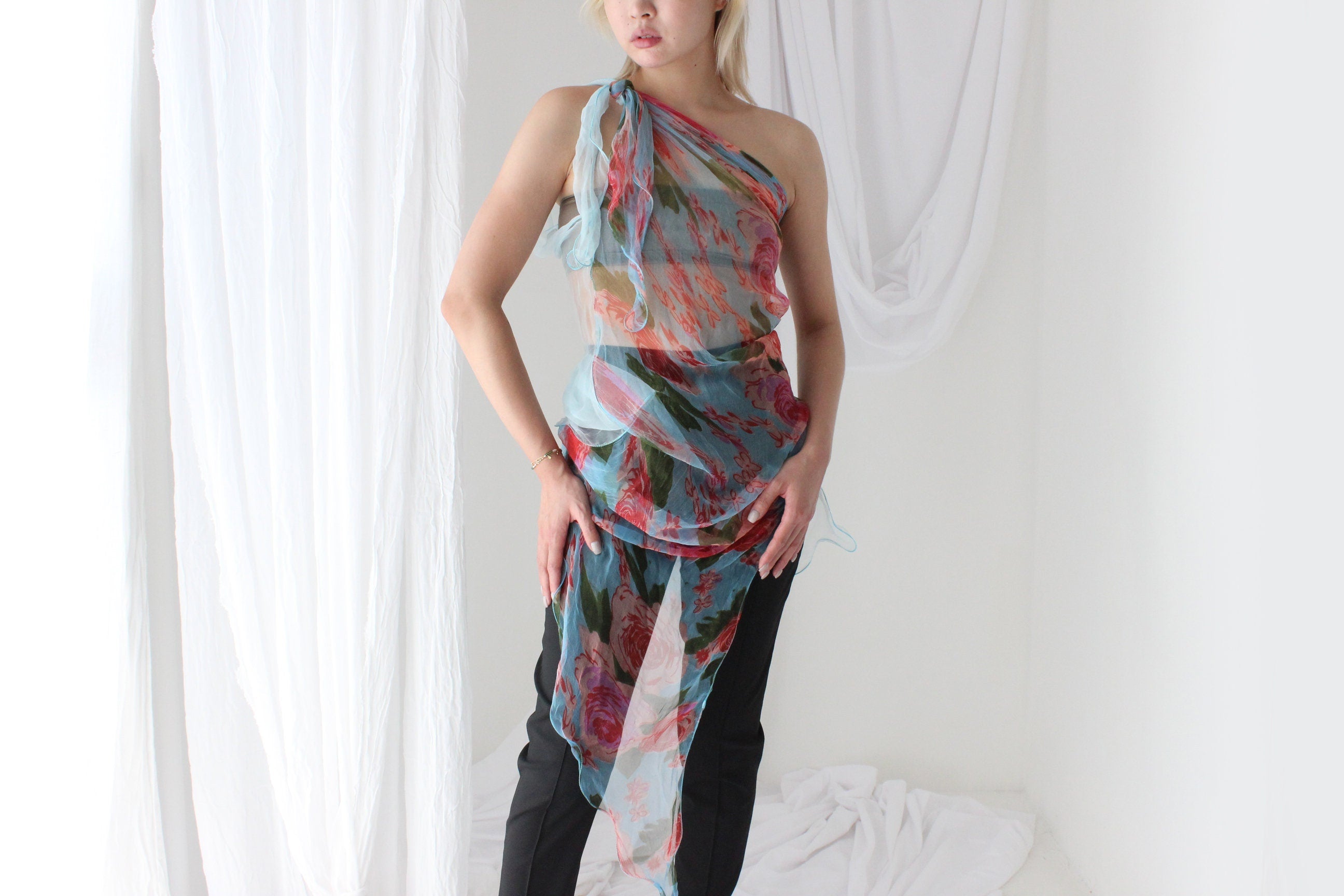 Y2K Pure Silk Chiffon Experimental Curly Hem Scarf Top