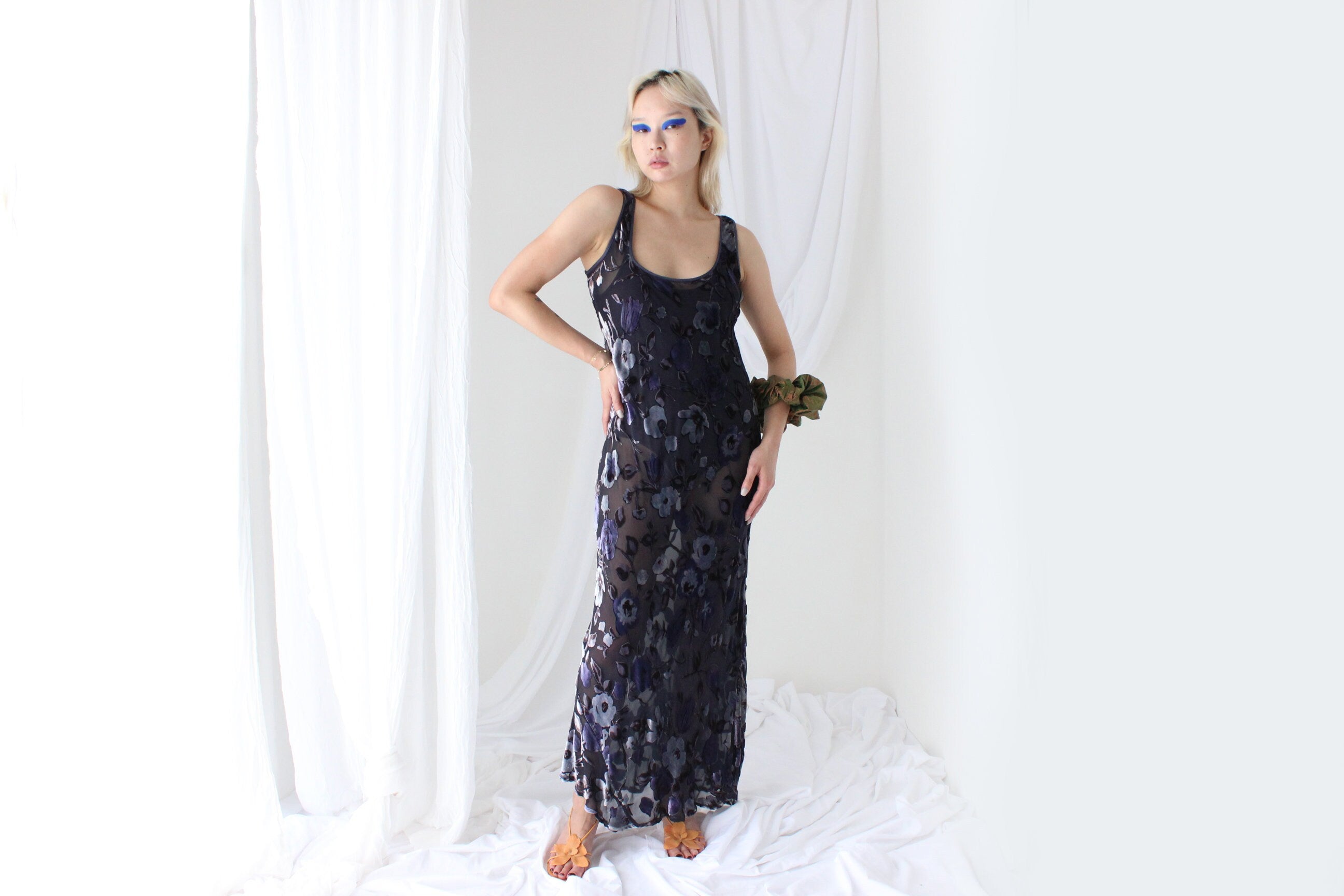 90s PURE SILK VELVET Floral Burnout Bias Cut Gown