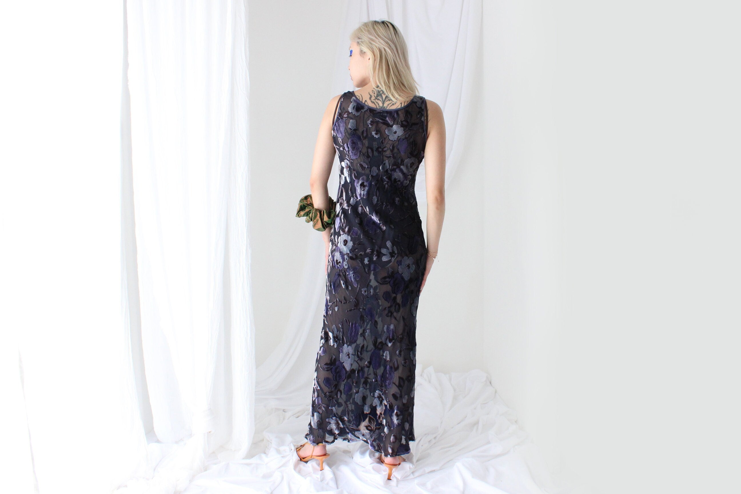 90s PURE SILK VELVET Floral Burnout Bias Cut Gown