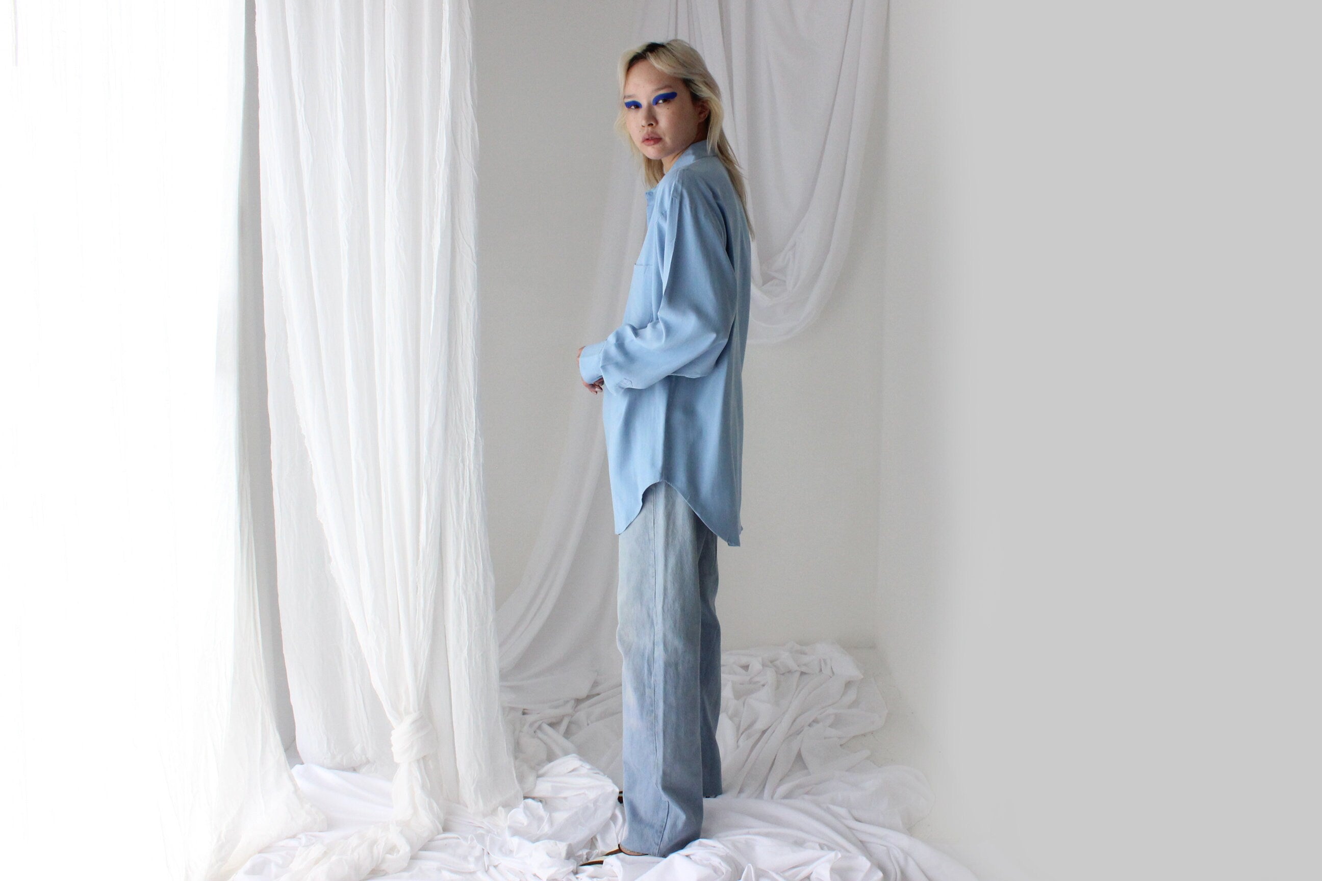 Heavenly 90s Pure Fuji Silk Sky Blue Oversized Shirt