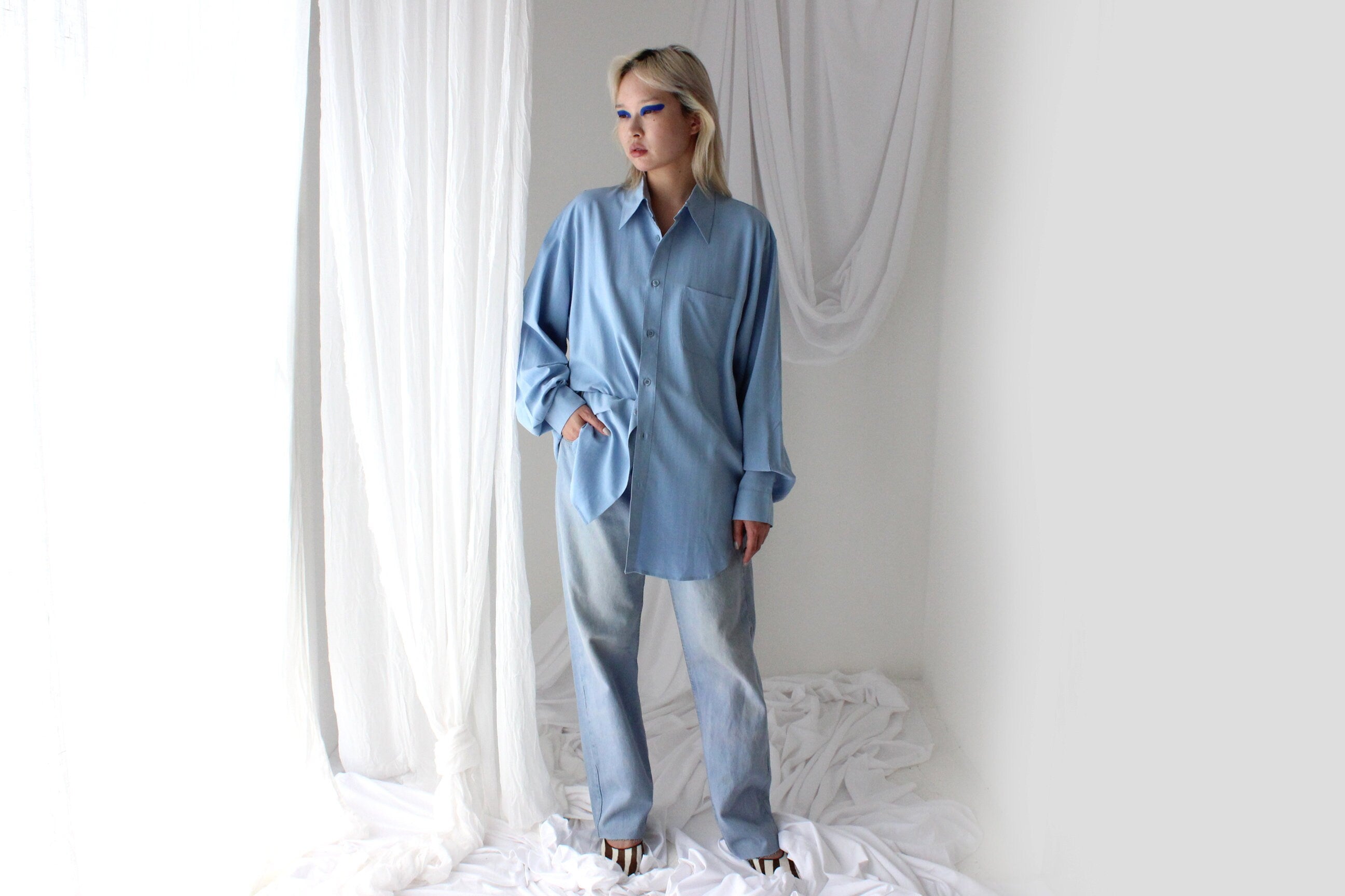 Heavenly 90s Pure Fuji Silk Sky Blue Oversized Shirt