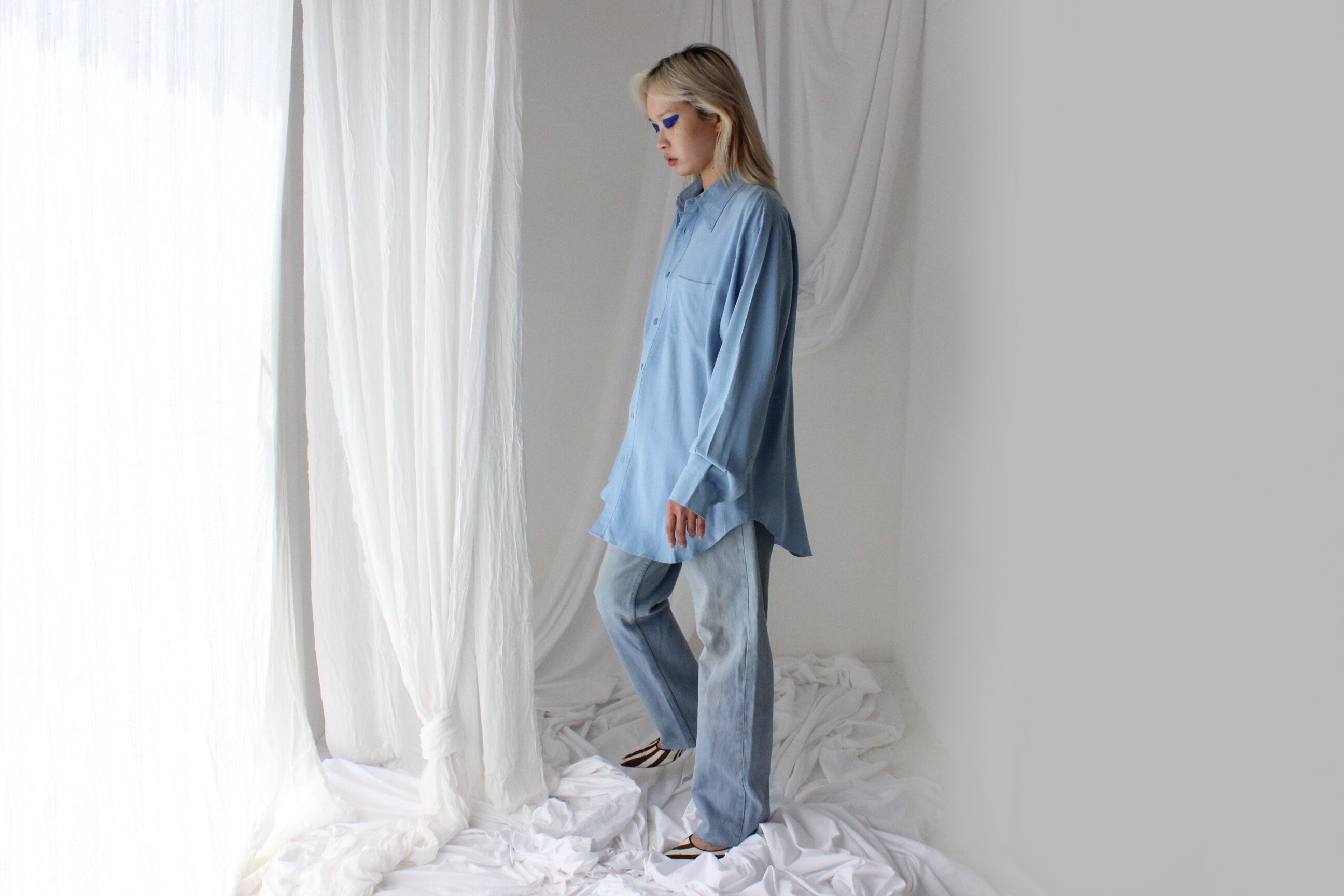 Heavenly 90s Pure Fuji Silk Sky Blue Oversized Shirt