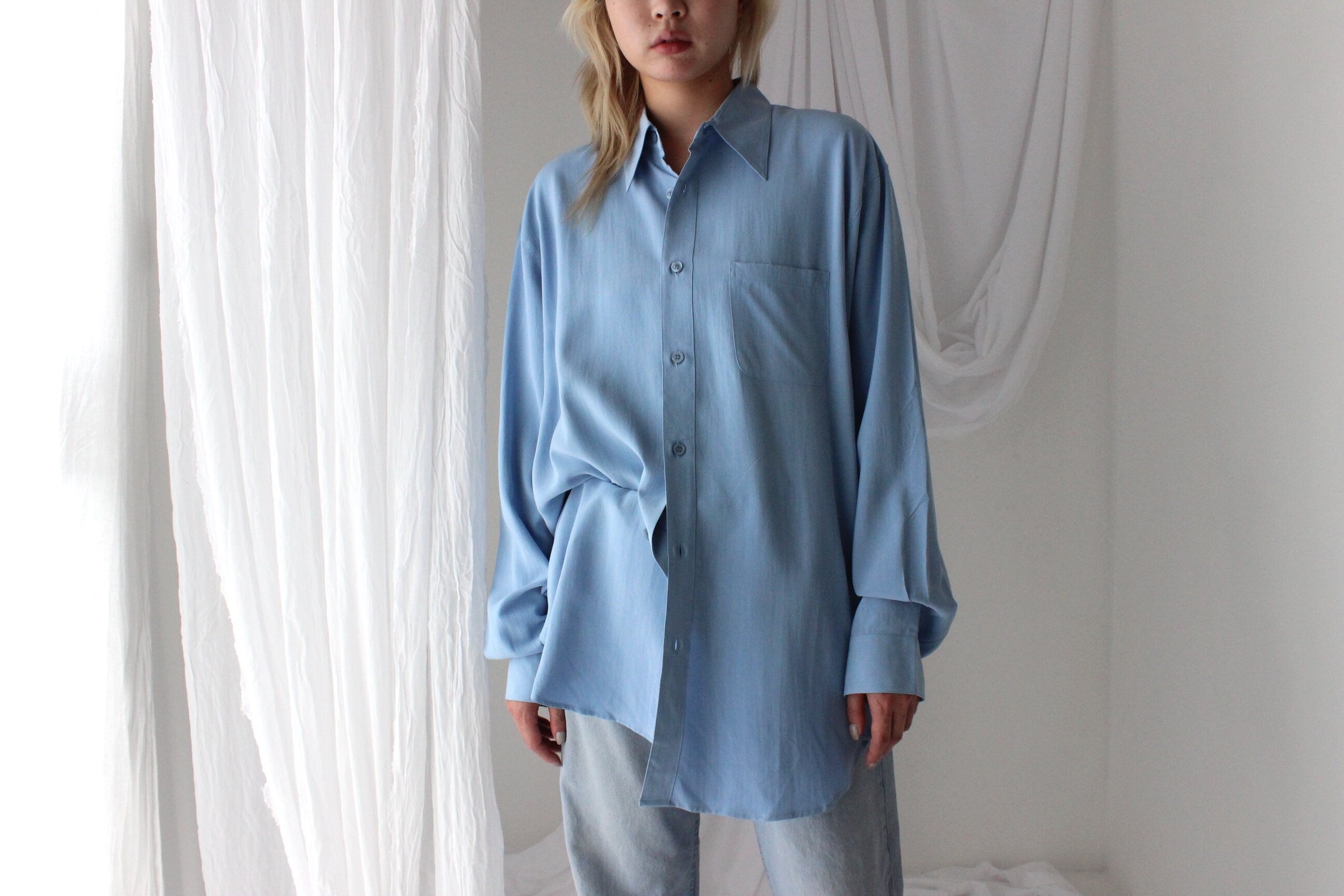 Heavenly 90s Pure Fuji Silk Sky Blue Oversized Shirt