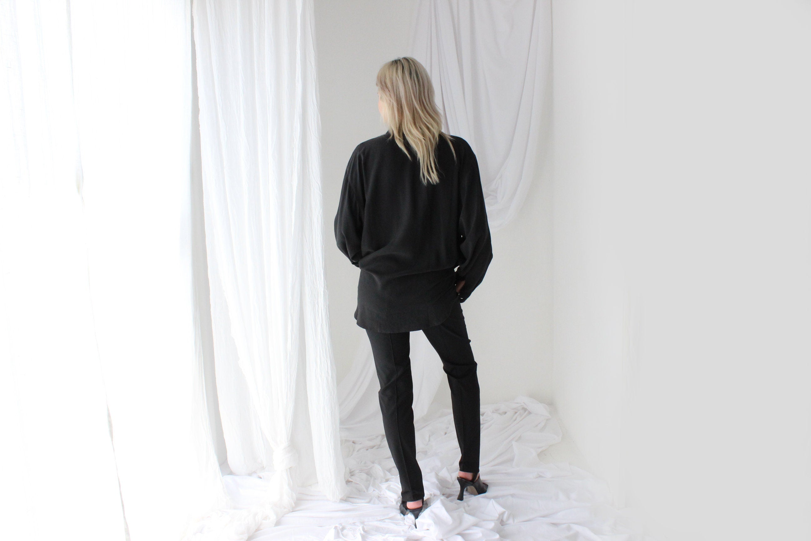 Heavenly 90s Pure Fuji Silk Black Oversized Shirt