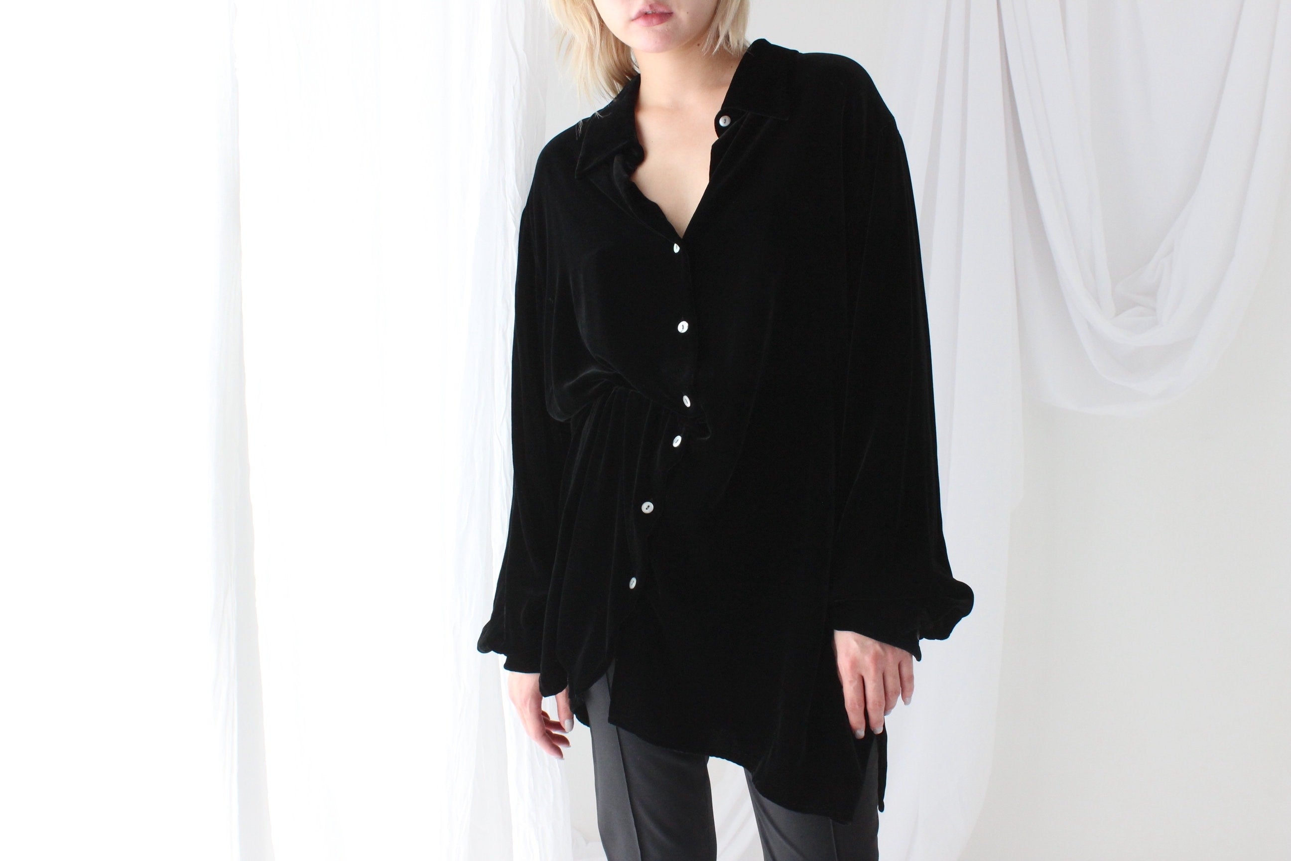 90s Blackest Black PURE SILK VELVET Oversized Shirt