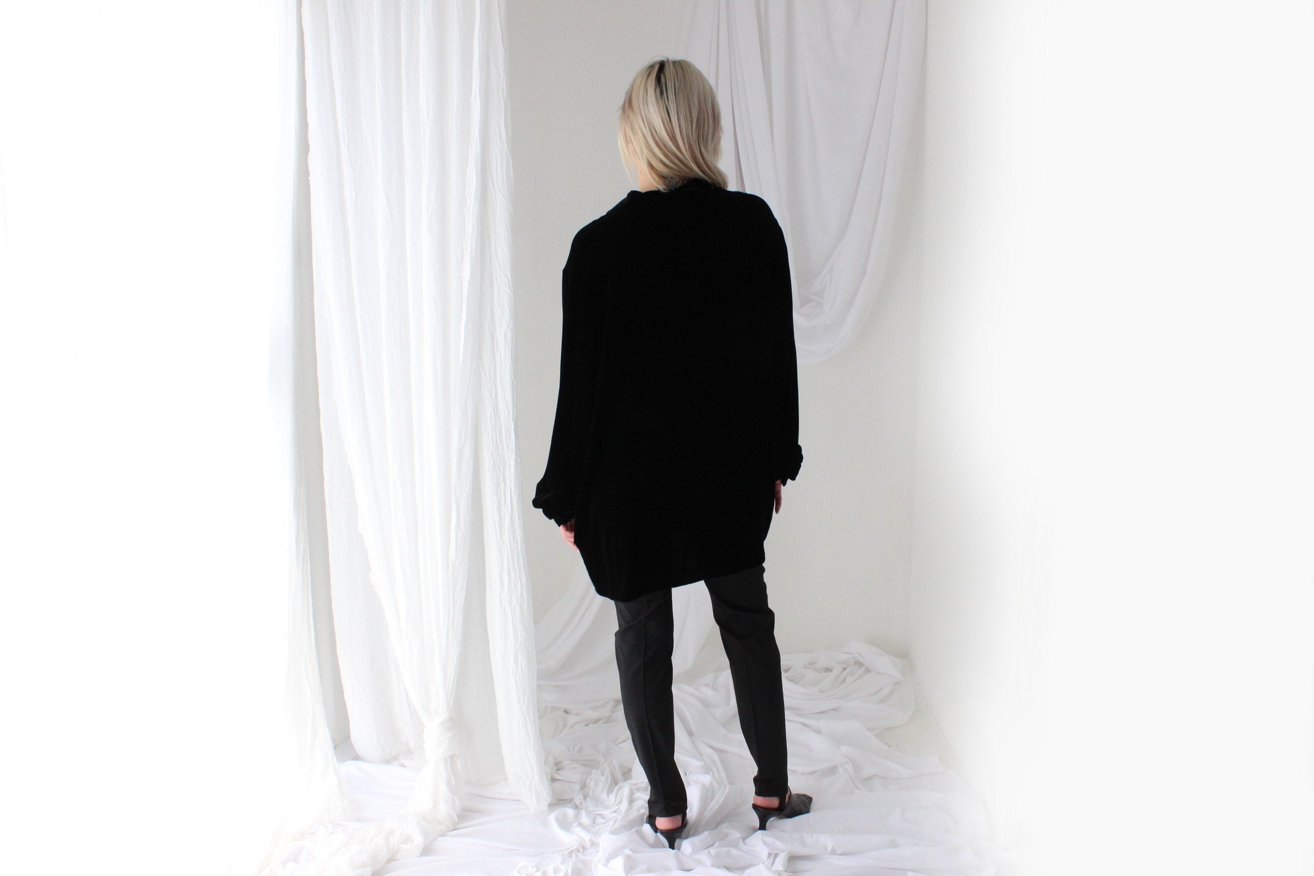 90s Blackest Black PURE SILK VELVET Oversized Shirt