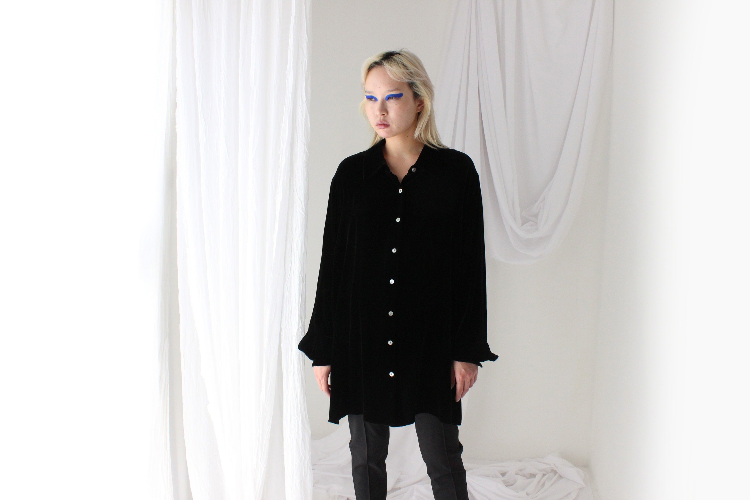 90s Blackest Black PURE SILK VELVET Oversized Shirt