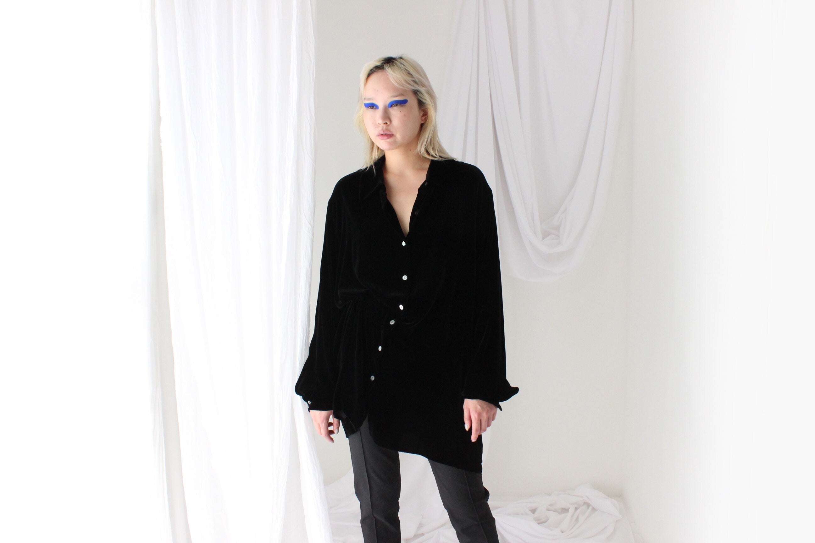 90s Blackest Black PURE SILK VELVET Oversized Shirt