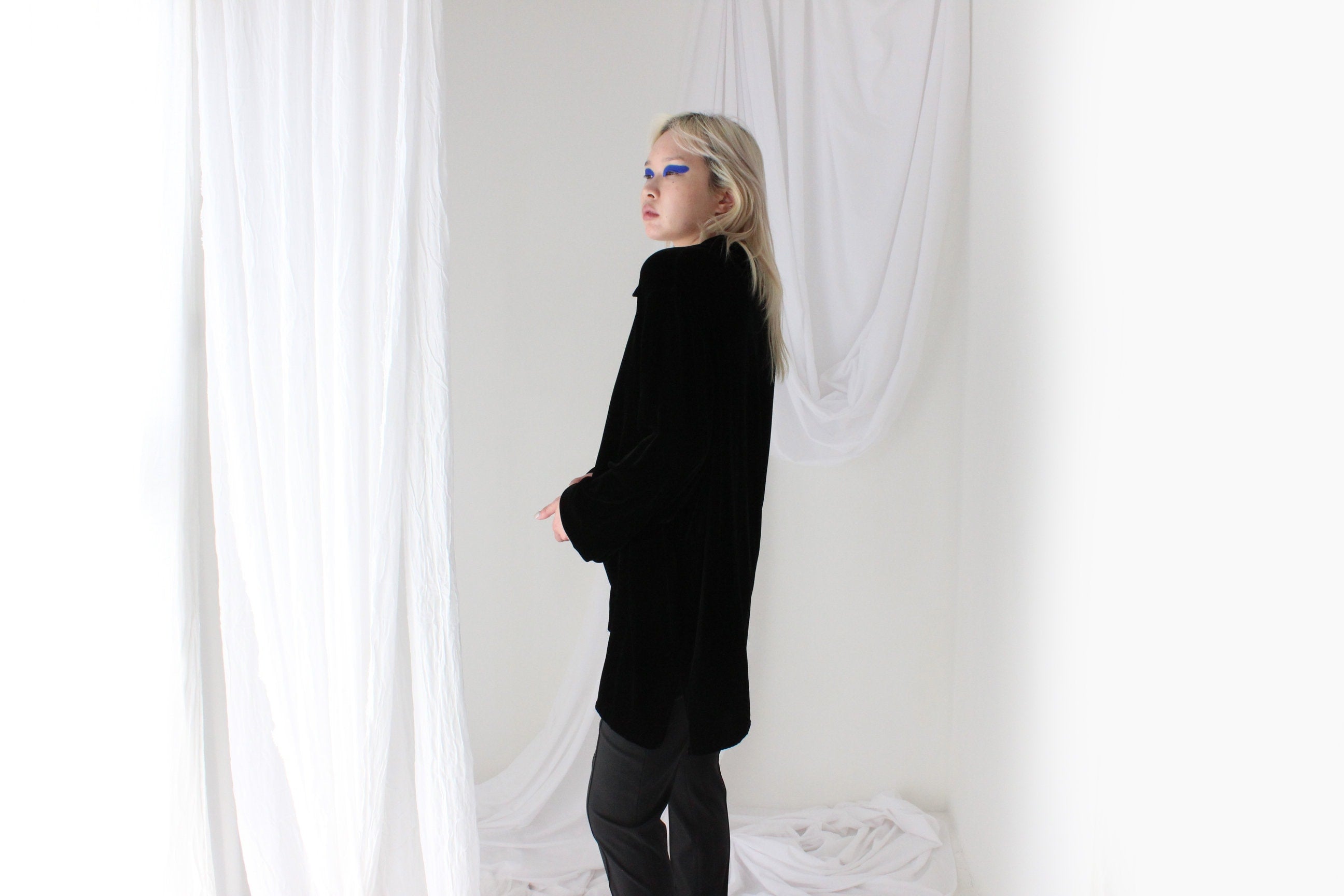 90s Blackest Black PURE SILK VELVET Oversized Shirt