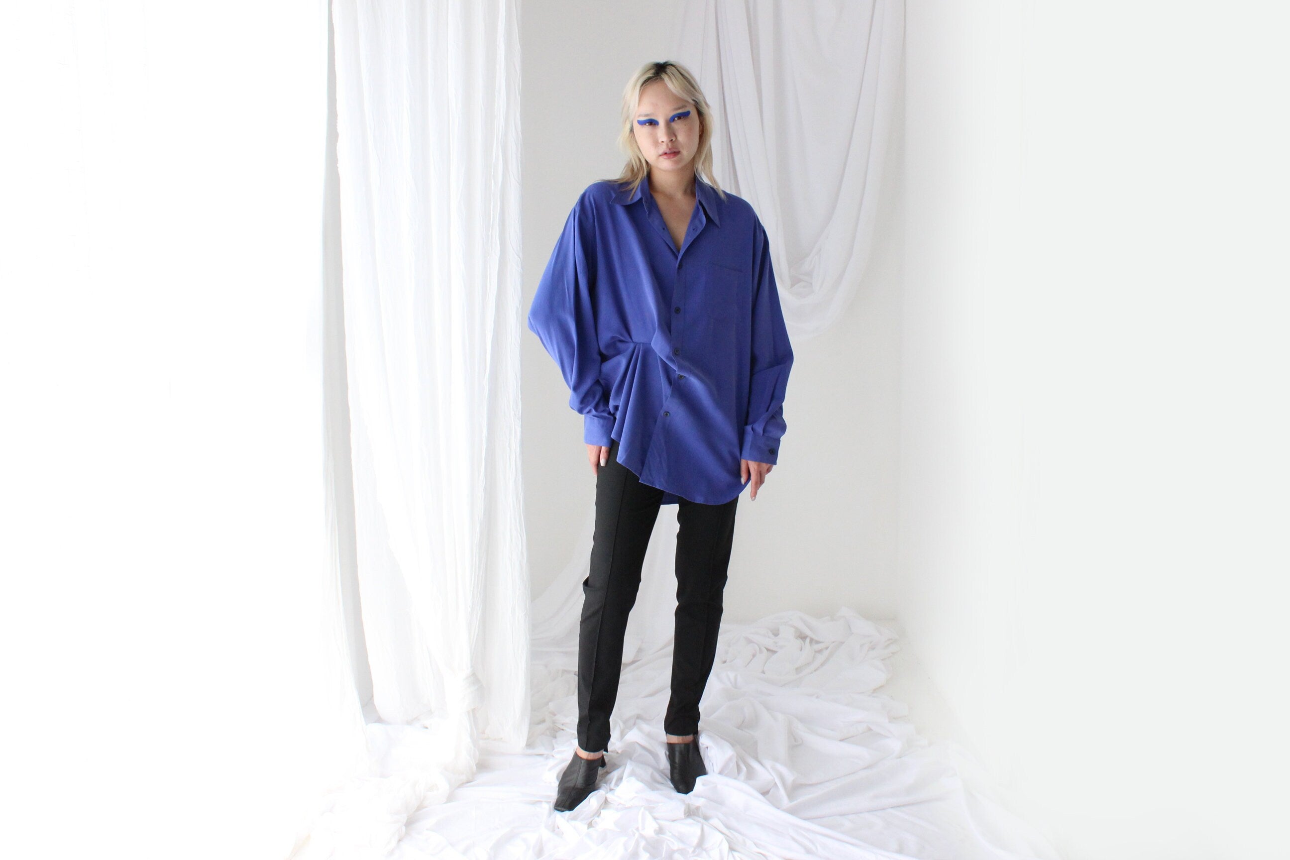 Heavenly 90s Pure Fuji Silk Cobalt Blue Oversized Shirt