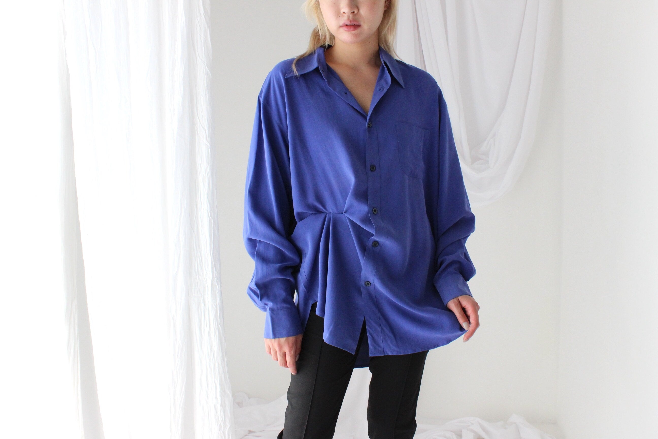 Heavenly 90s Pure Fuji Silk Cobalt Blue Oversized Shirt