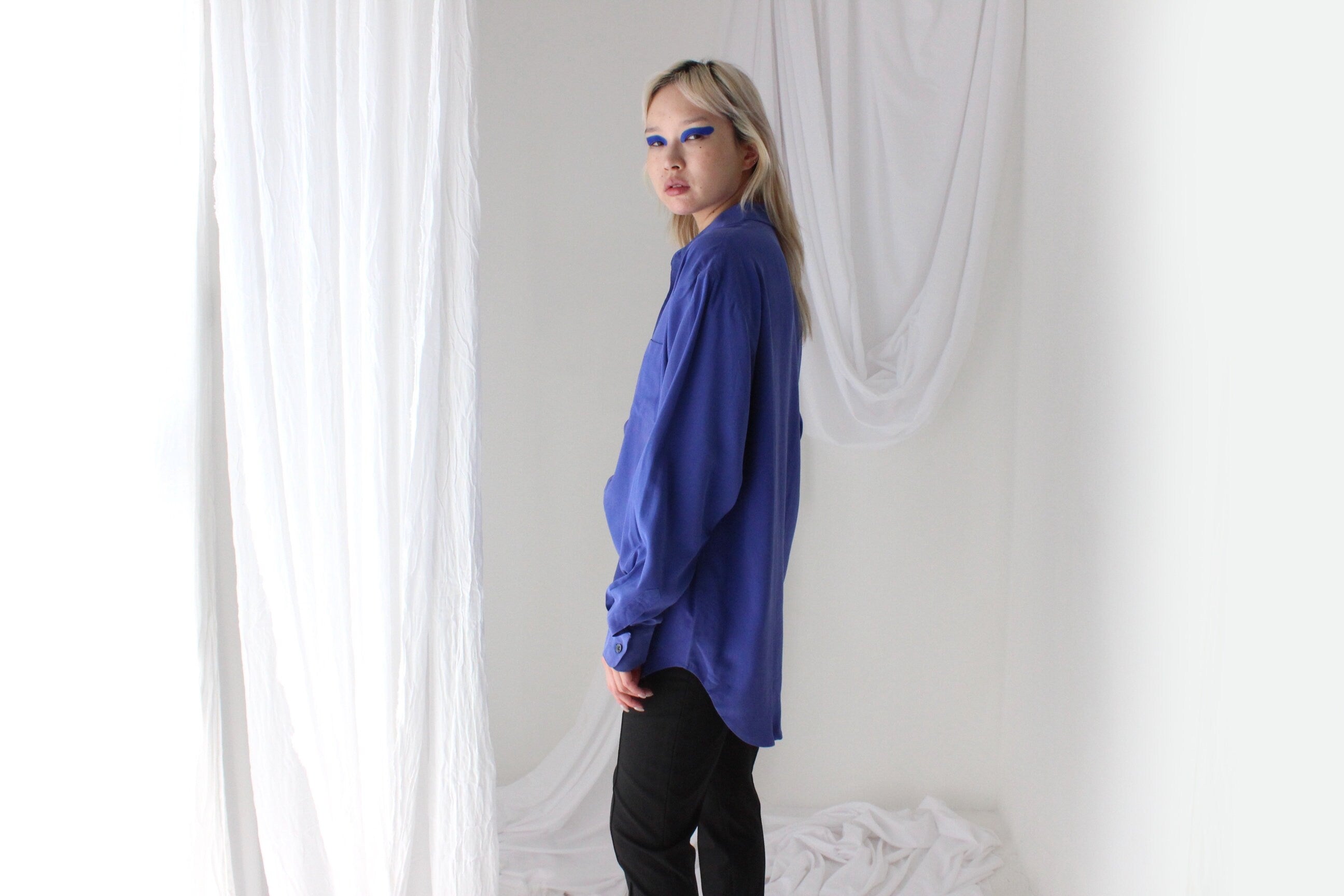 Heavenly 90s Pure Fuji Silk Cobalt Blue Oversized Shirt