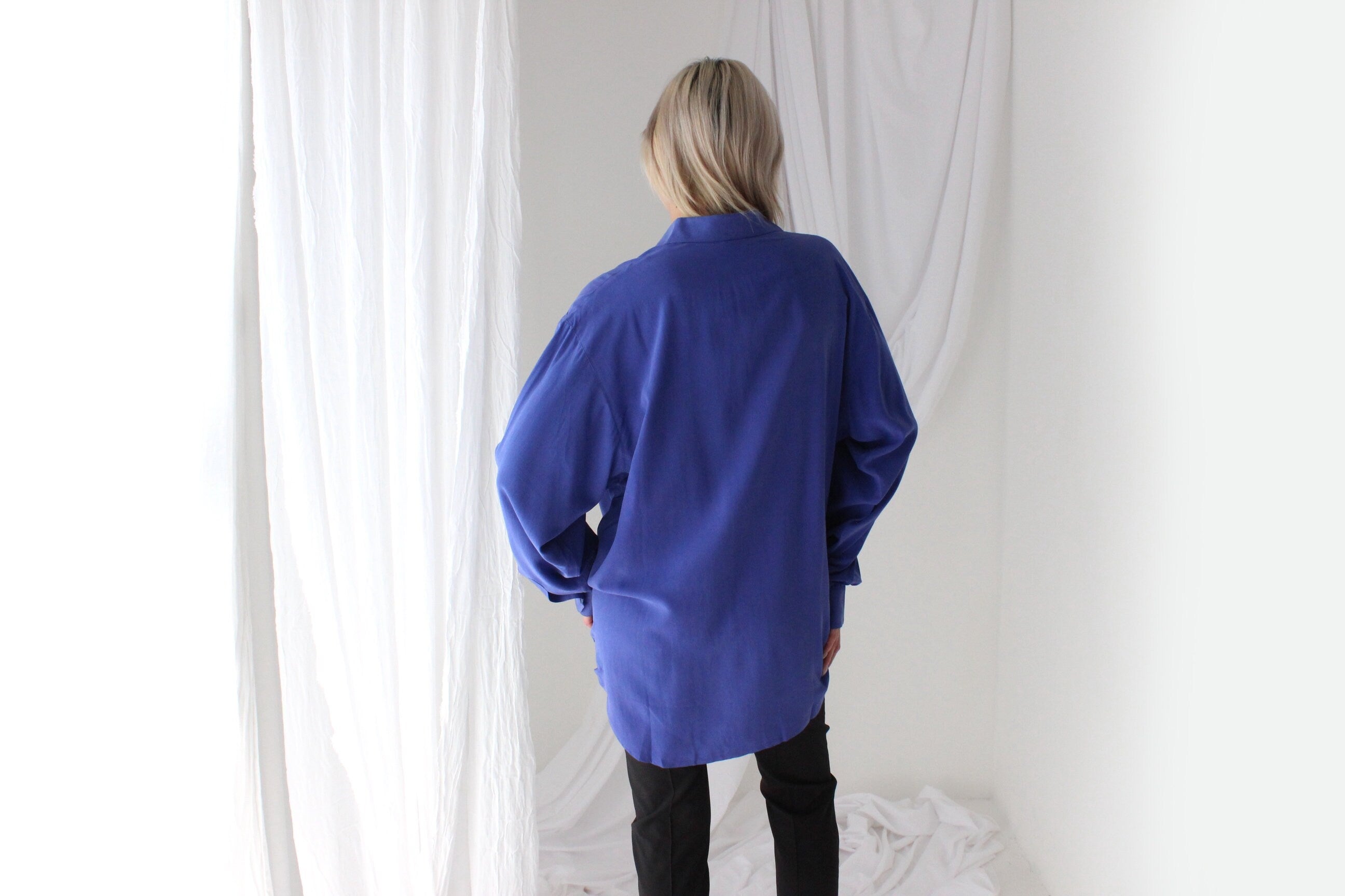 Heavenly 90s Pure Fuji Silk Cobalt Blue Oversized Shirt