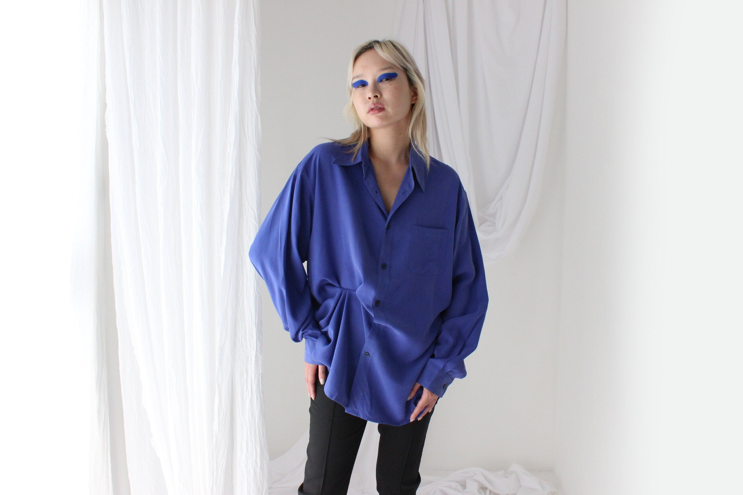 Heavenly 90s Pure Fuji Silk Cobalt Blue Oversized Shirt