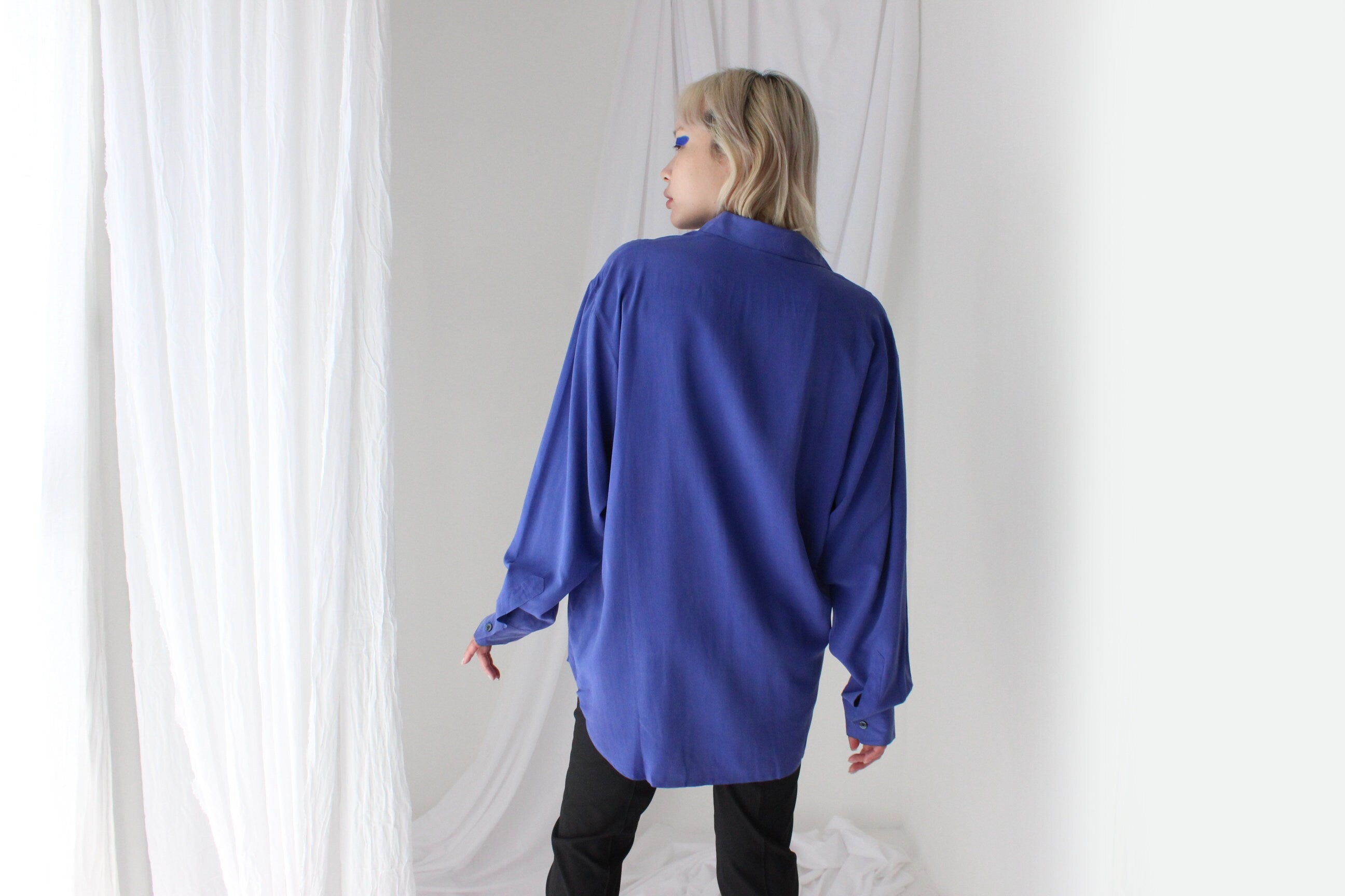 Heavenly 90s Pure Fuji Silk Cobalt Blue Oversized Shirt