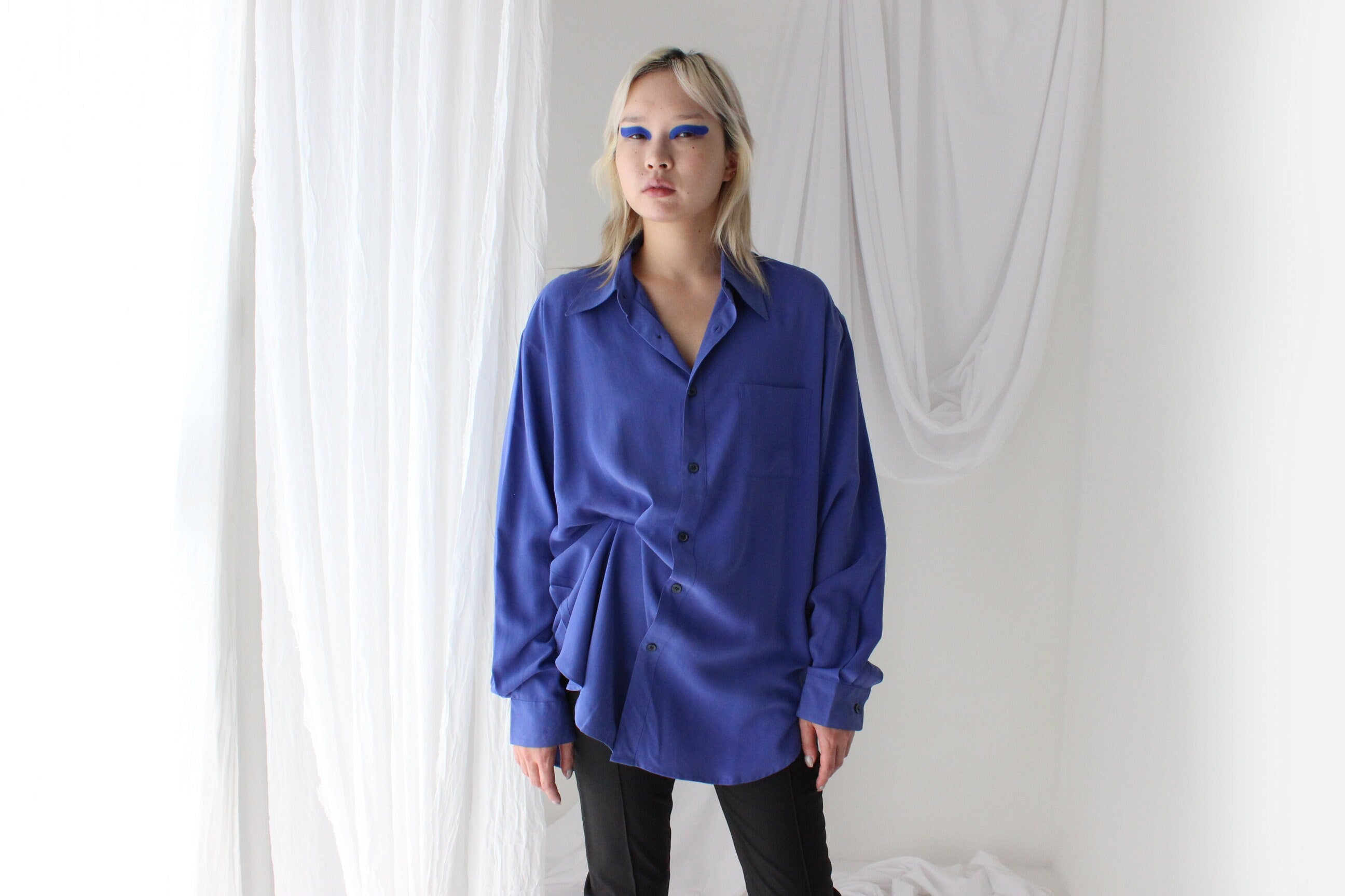 Heavenly 90s Pure Fuji Silk Cobalt Blue Oversized Shirt